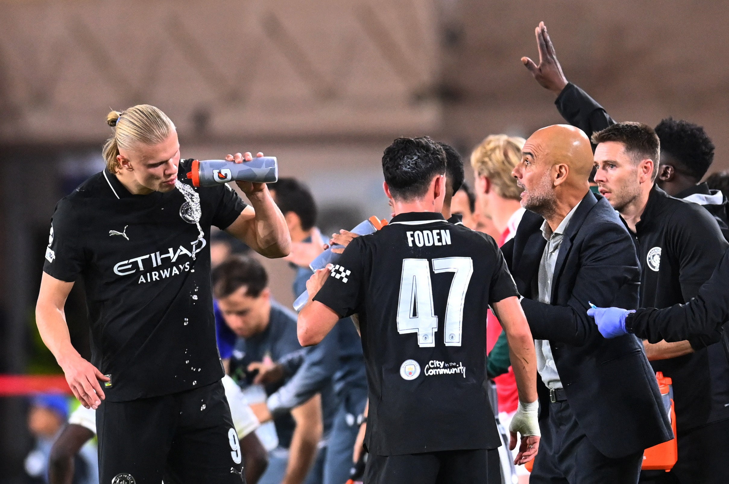 Haaland (left) was frustrated by Manchester City’s draw at Monaco