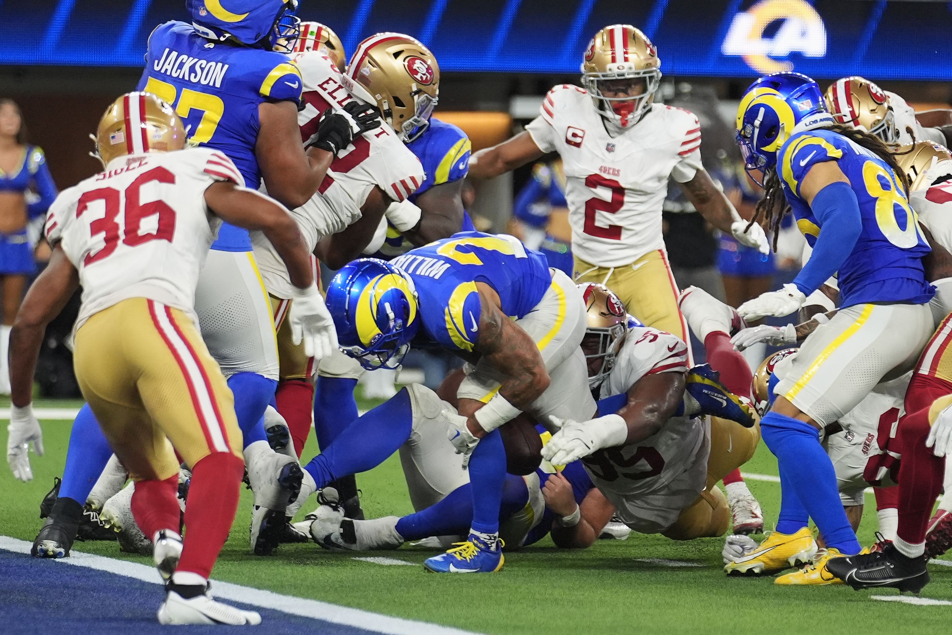 San Francisco 49ers defensive tackle Alfred Collins forces a fumble to stop Los Angeles Rams taking the lead at the death (Marcio Jose Sanchez/AP)