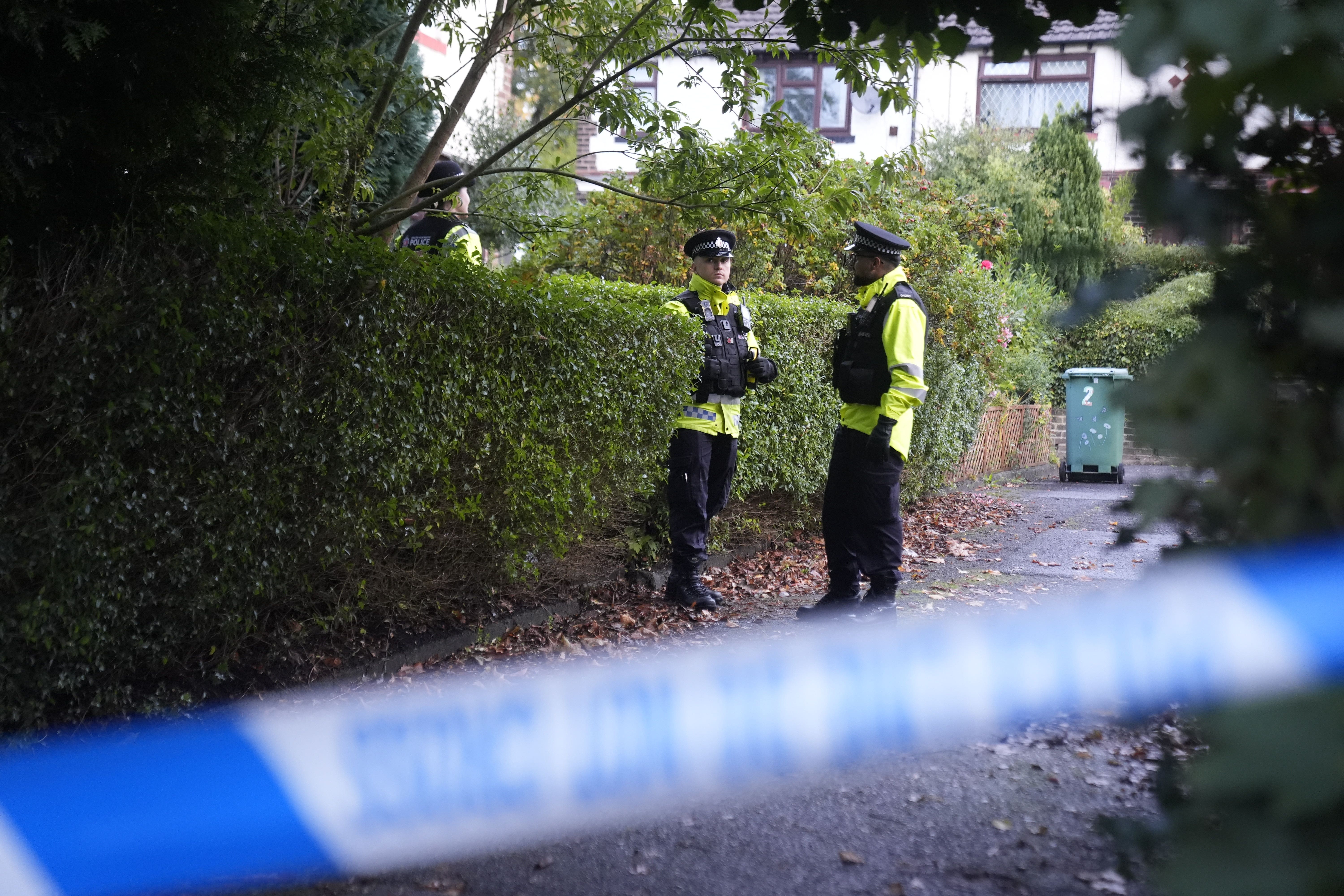 Police presence at the entrance to a property in Langley Crescent, Prestwich, in connection with the terror attack in which two people died at the Hebrew Congregation synagogue in Crumpsall, Manchester (Danny Lawson/PA)