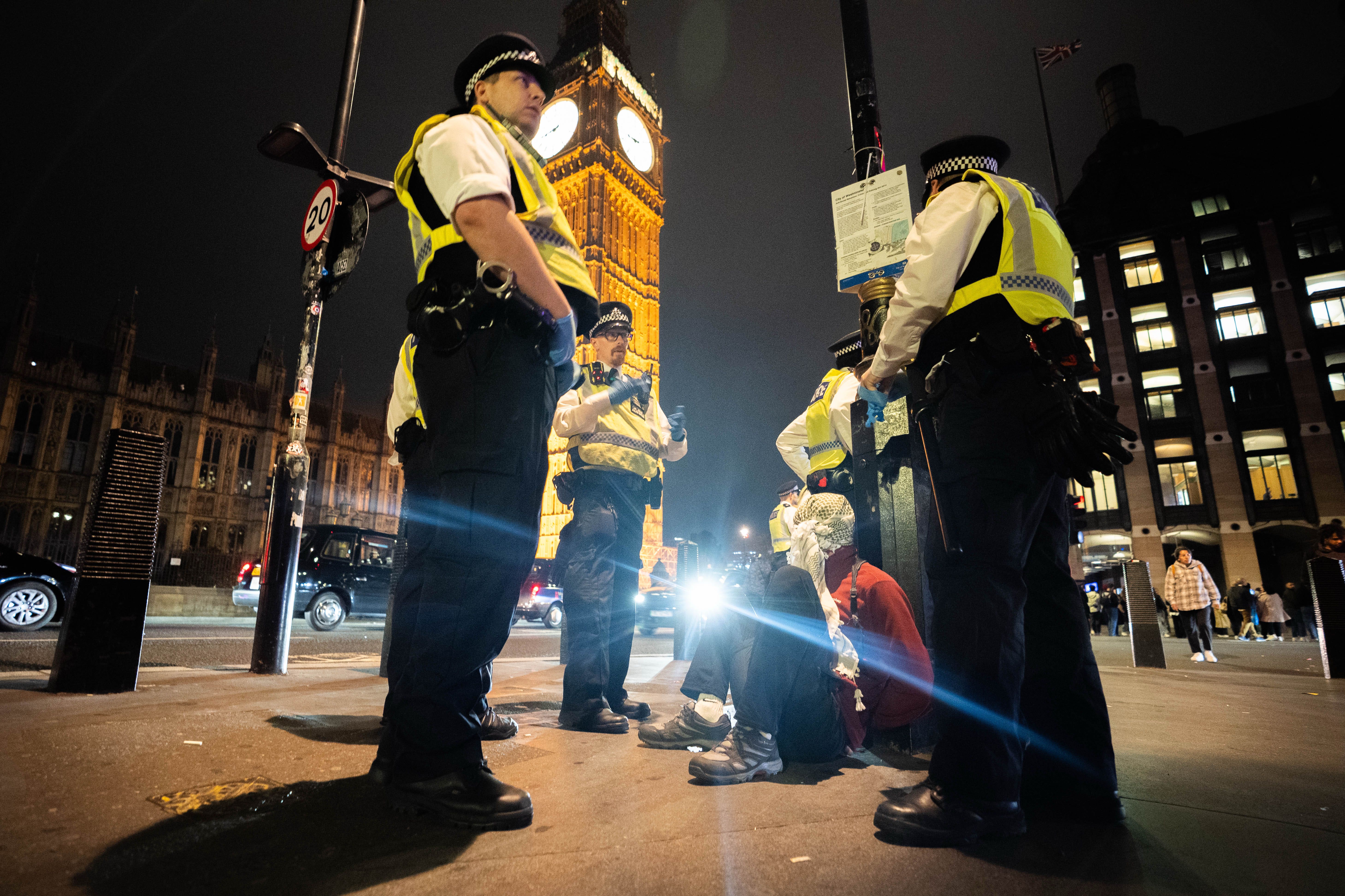 A pro-Palestine supporter is detained by police officers following a protest in central London (James Manning/PA)