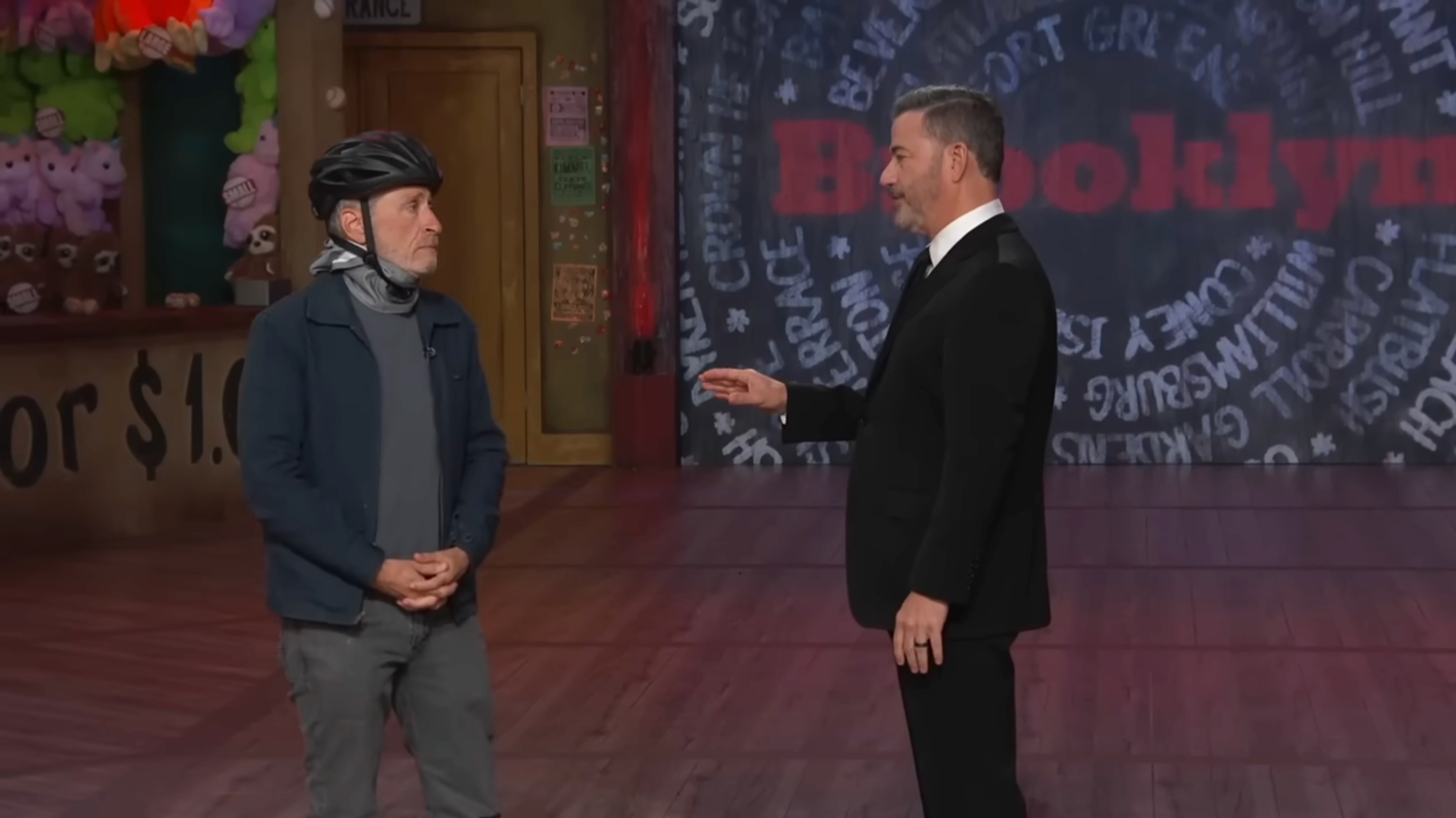 Jon Stewart joined Jimmy Kimmel on his show Thursday for a gag about their job security