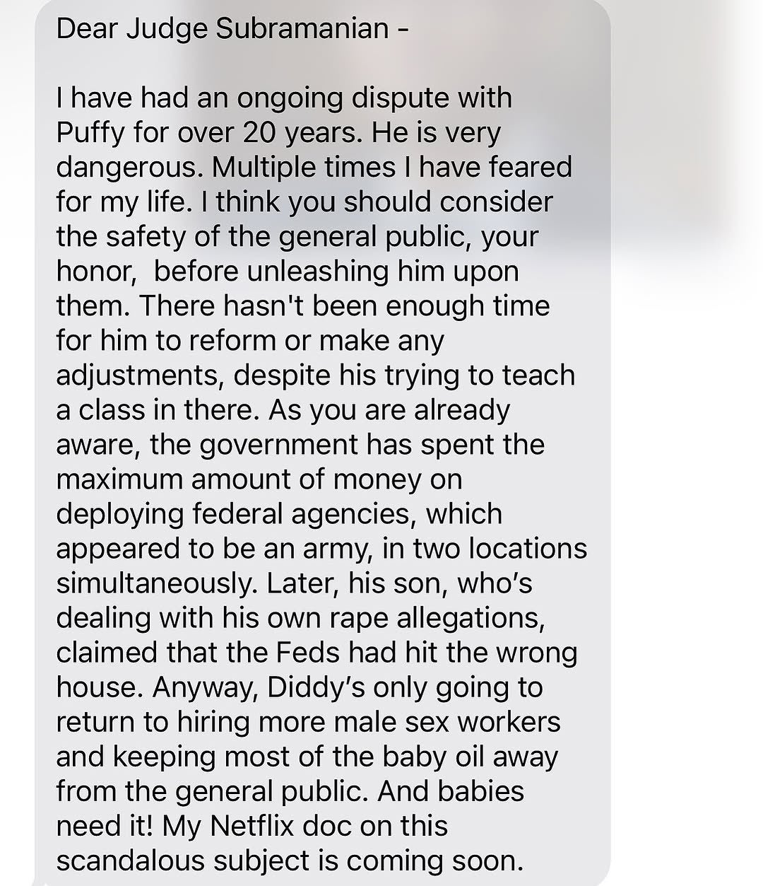 50 Cent, a longtime rival of Sean ‘Diddy’ Combs, posted a mock letter to Judge Subramanian on Thursday, calling the soon-to-be-sentenced rapper ‘very dangerous’