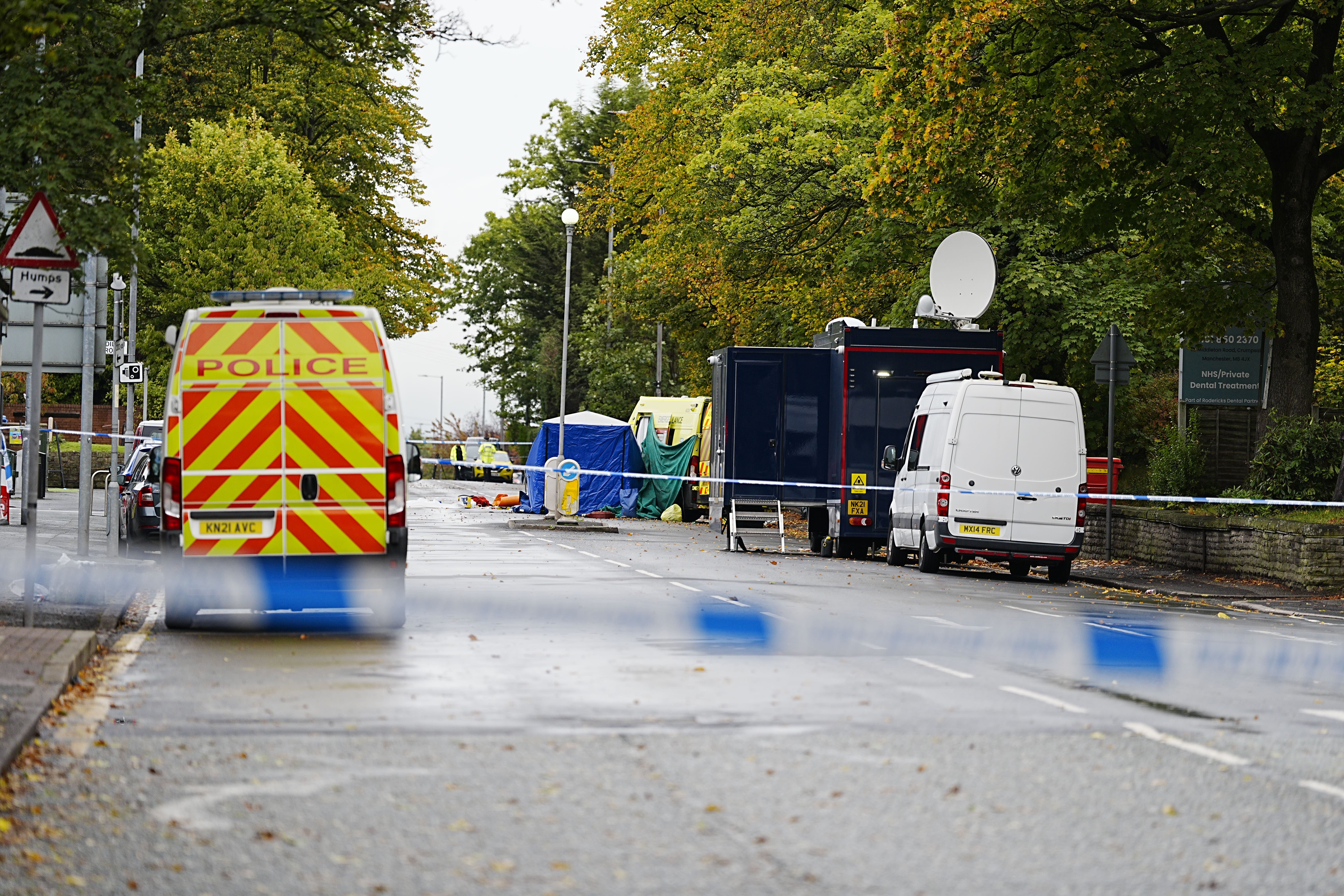The police investigation continues at the scene near Heaton Park Hebrew Congregation synagogue in Crumpsall, Manchester (Peter Byrne/PA)