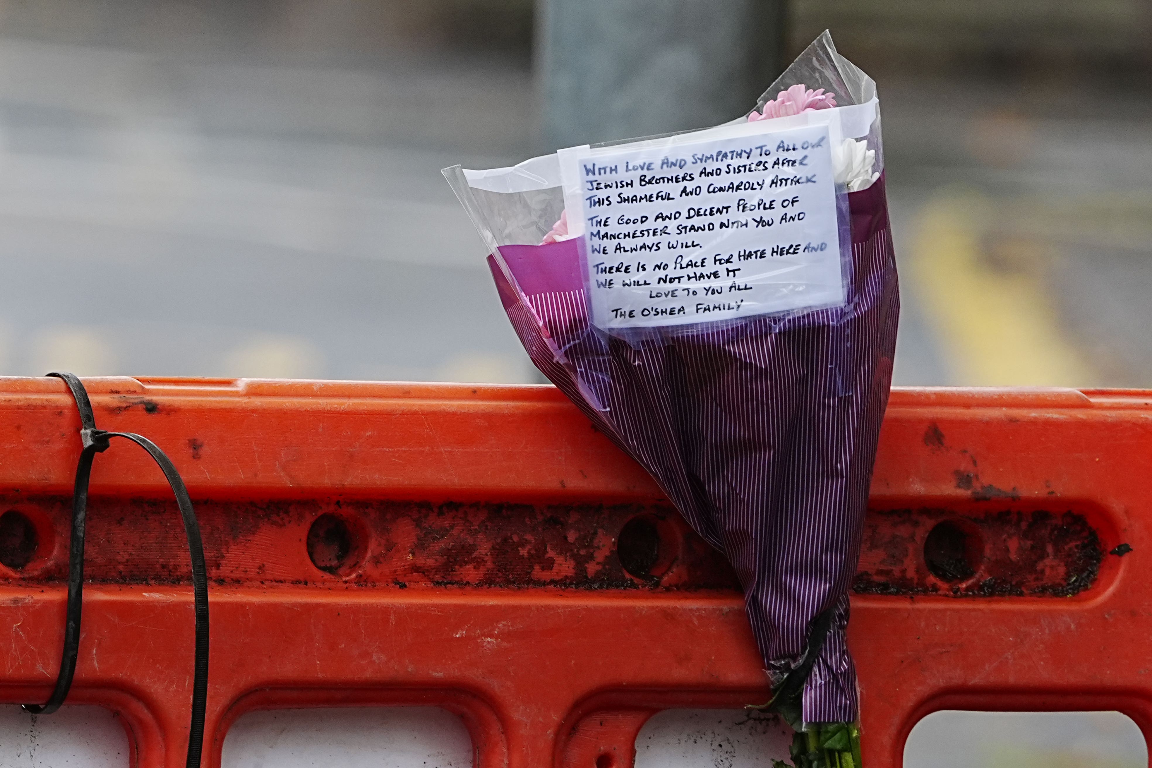 Flowers left near Heaton Park Hebrew Congregation synagogue in Crumpsall, Manchester
