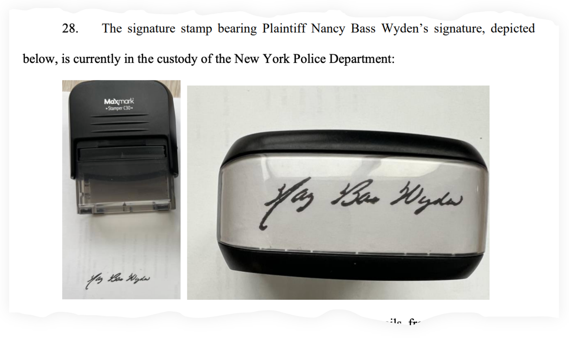 Bass Wyden says in court filings that her personal assistant convinced her to get a signature stamp for 'business' use, which he allegedly then used to steal hundreds of thousands of dollars from her