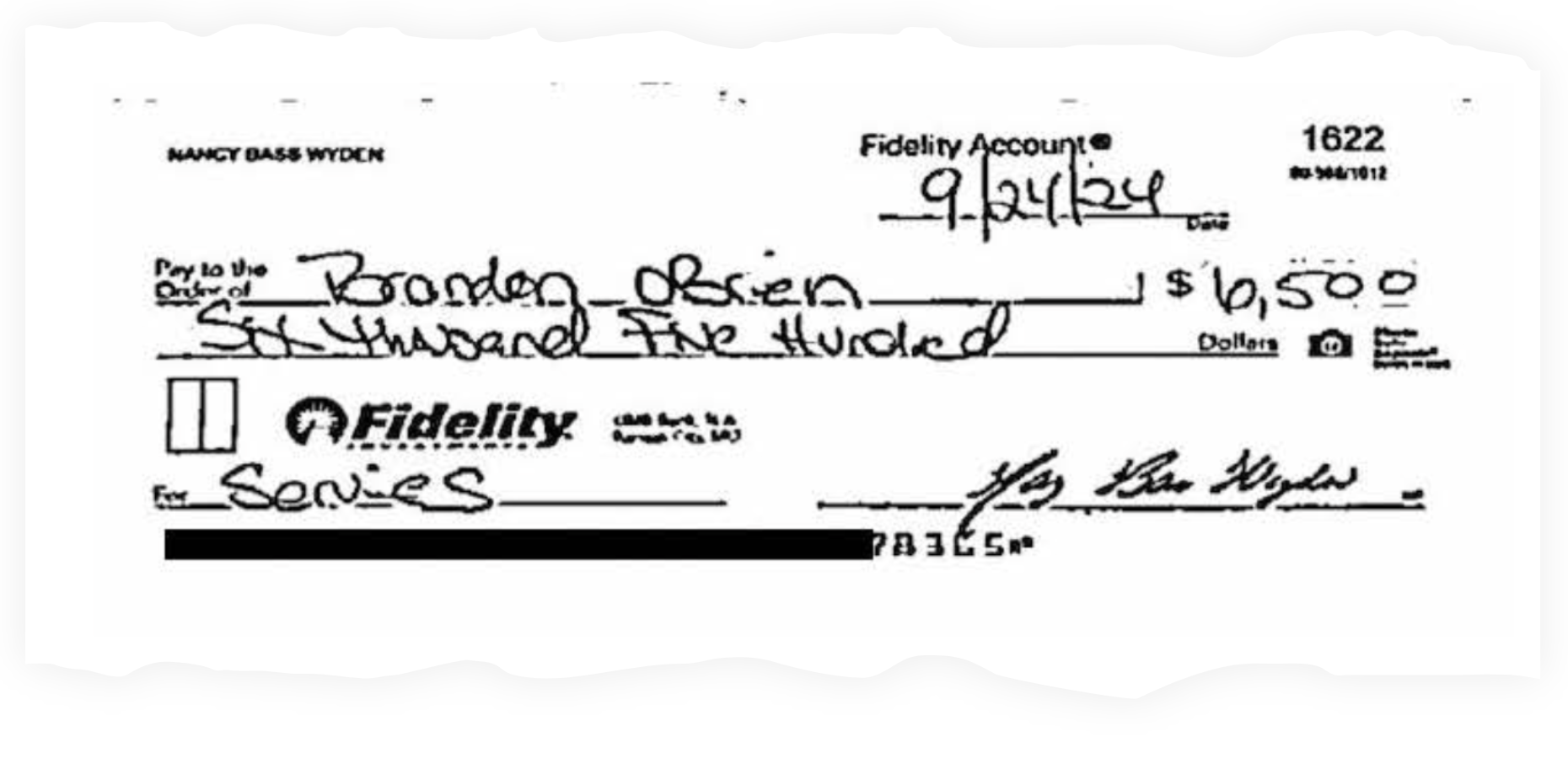 O'Brien's alleged thefts from Bass Wyden began with forged checks made out to himself, drawn on her Fidelity account