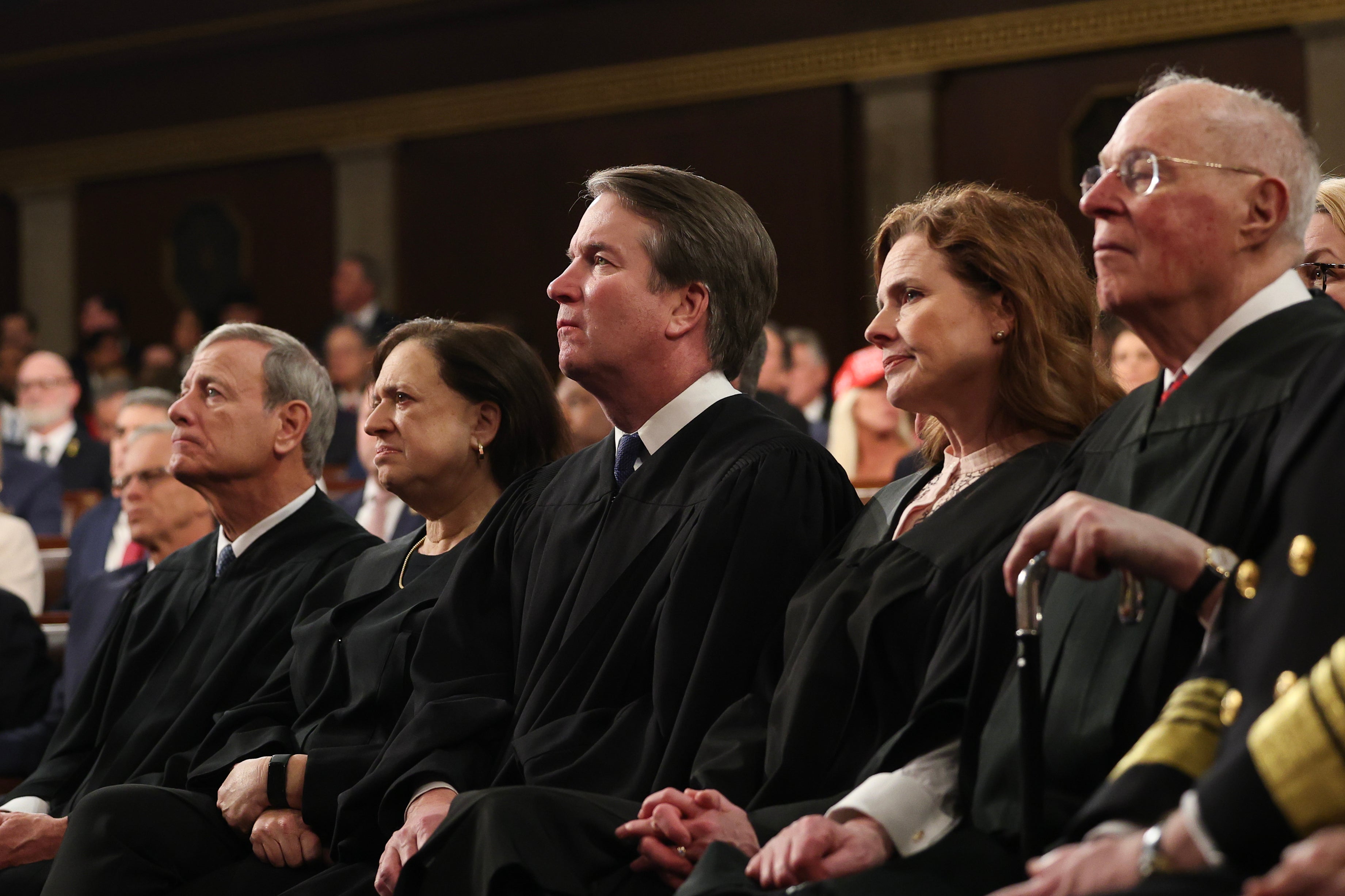 Supreme Court Justice Brett Kavanaugh pictured with his fellow justices. Kavanaugh received a threatening letter in April, prosecutors said