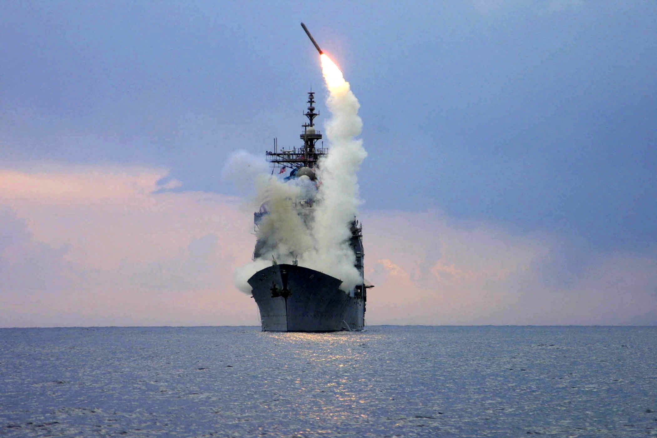 A Tomahawk Land Attack Missile (TLAM) is launched from nan guided rocket cruiser USS Cape St. George, arch 23, 2003