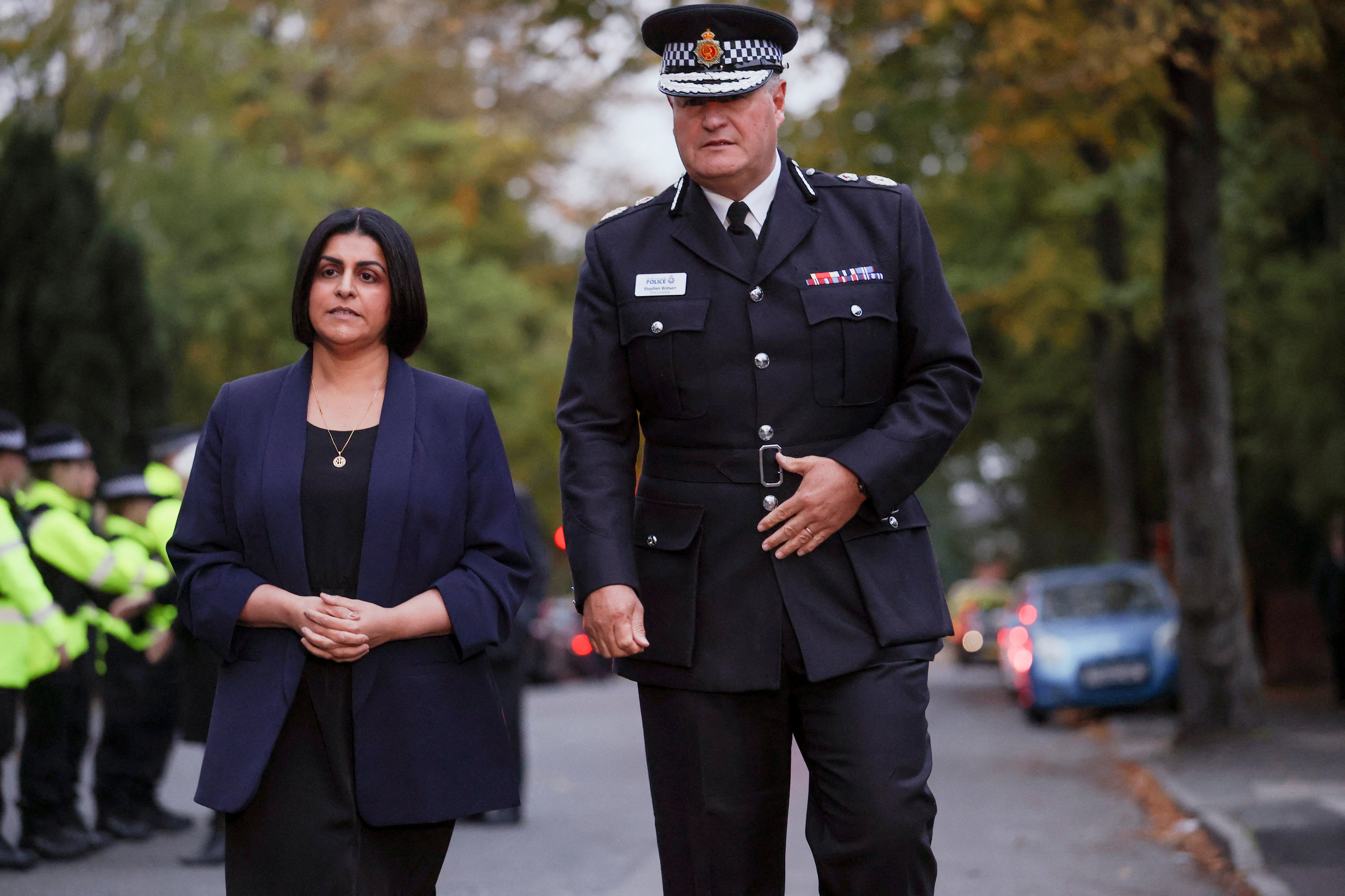 Sir Stephen and home secretary Shabana Mahmood following the attack in Heaton Park