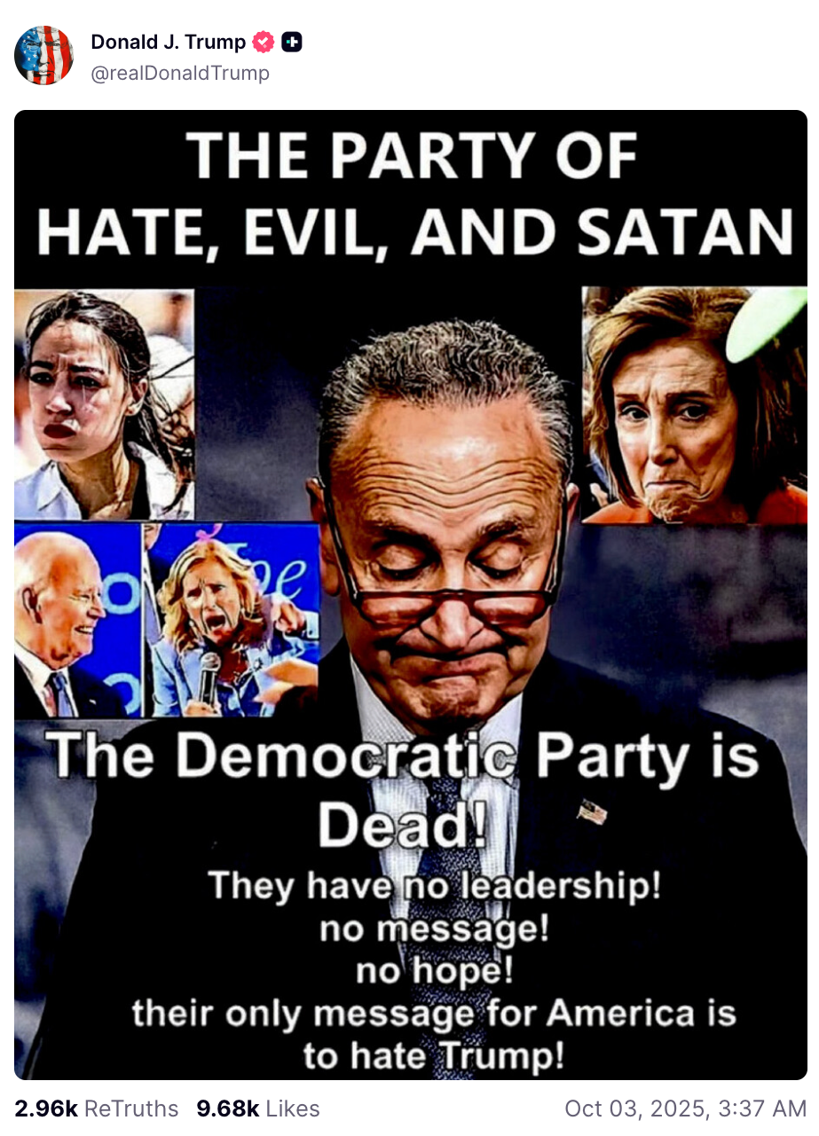 A meme posted by President Donald Trump accusing the opposition Democrats of being ‘the party of Satan’