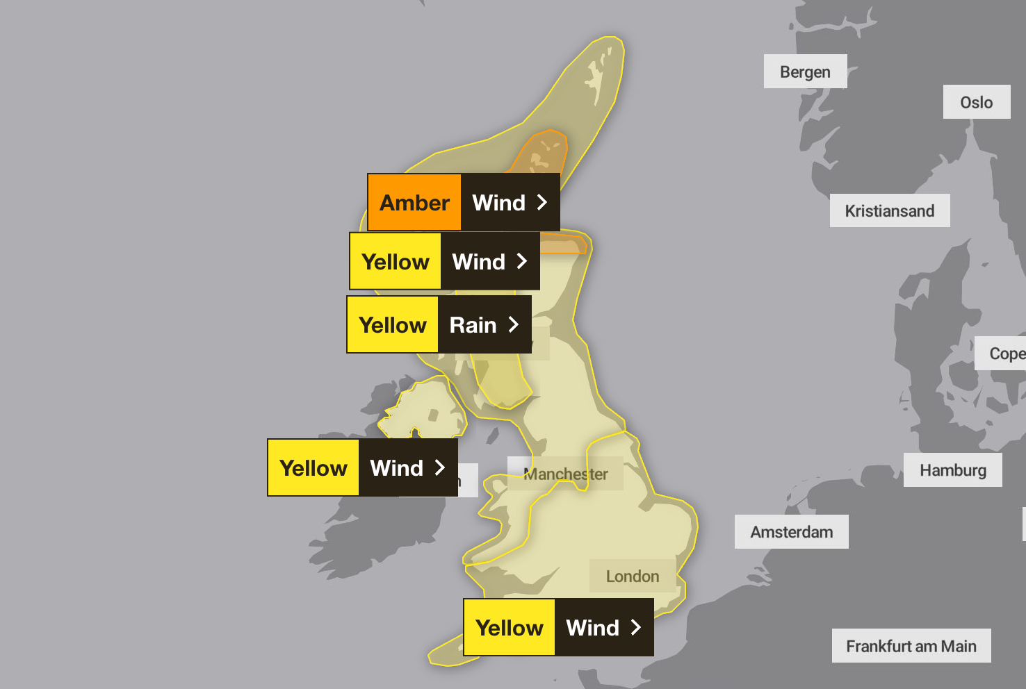 A series of weather warnings will be in place across the whole of the UK for Saturday