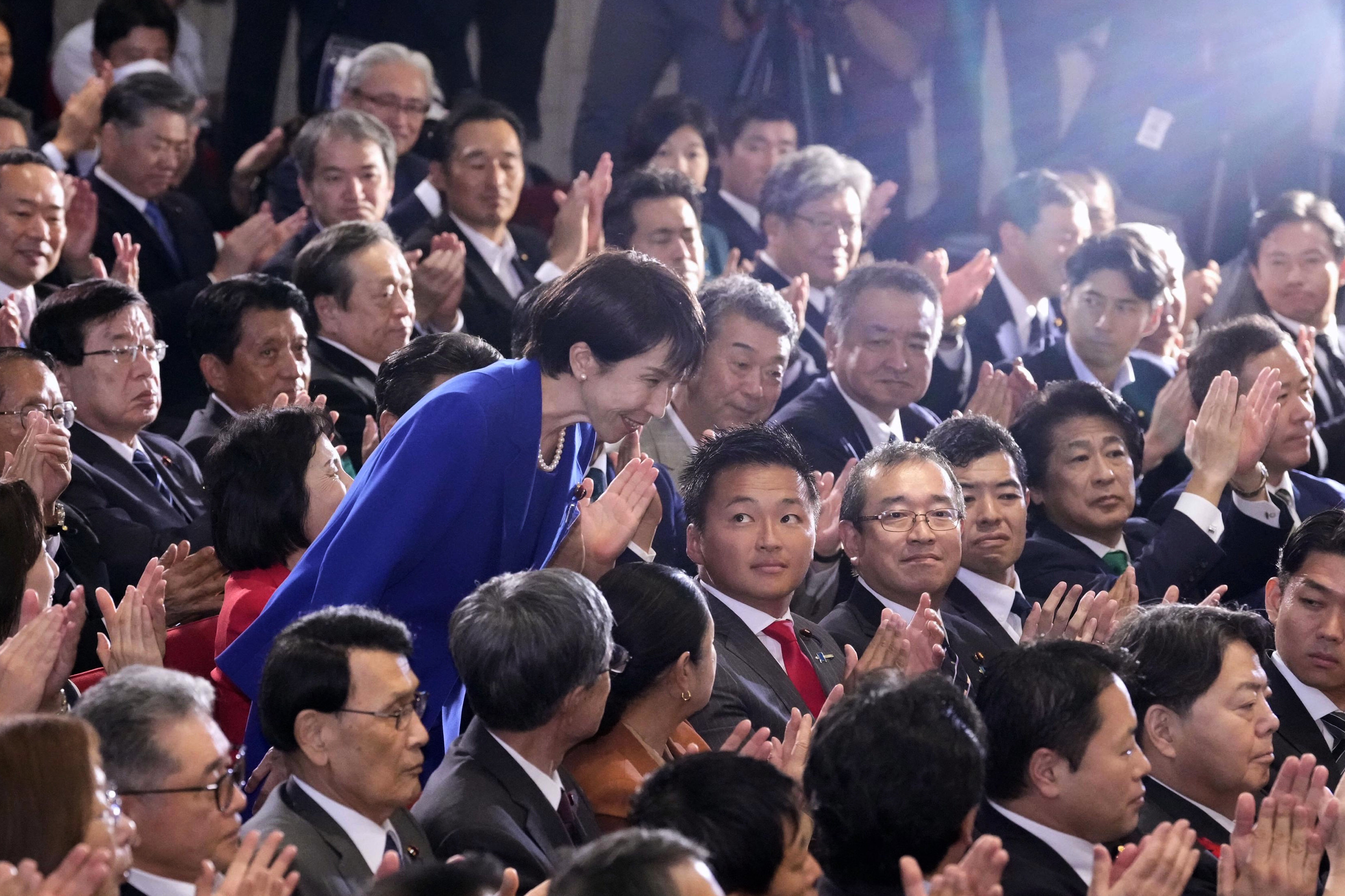File. Sanae Takaichi, centre left, bows as Takaichi was chosen as the new leader of Japan’s ruling Liberal Democratic Party during the party’s leadership election in Tokyo, Japan, Saturday, 4 October 2025