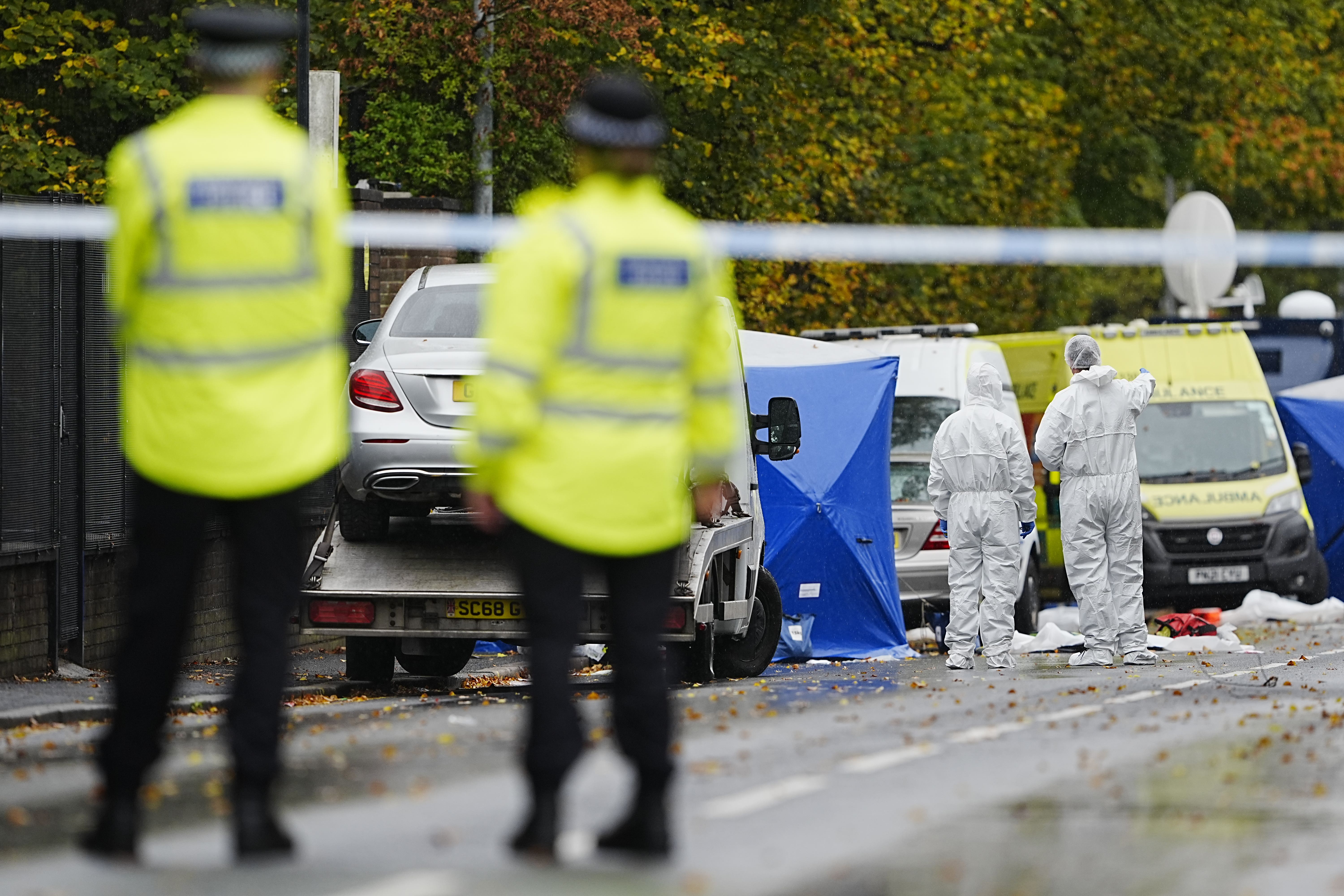 The police investigation continues at the scene near Heaton Park Hebrew Congregation synagogue in Crumpsall (Peter Byrne/PA)