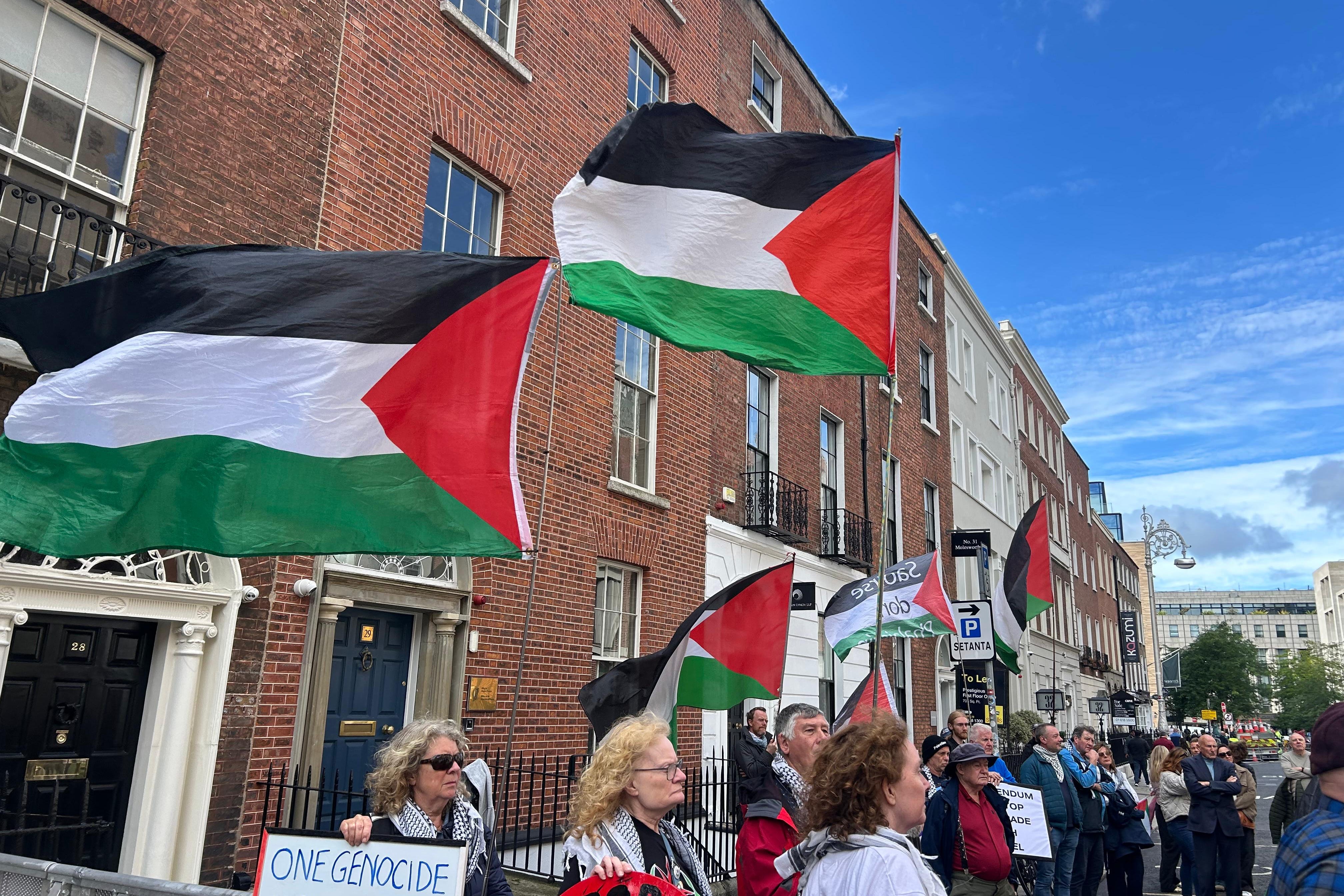People wave Palestinian flags during a previous demonstration (Cillian Sherlock/PA)