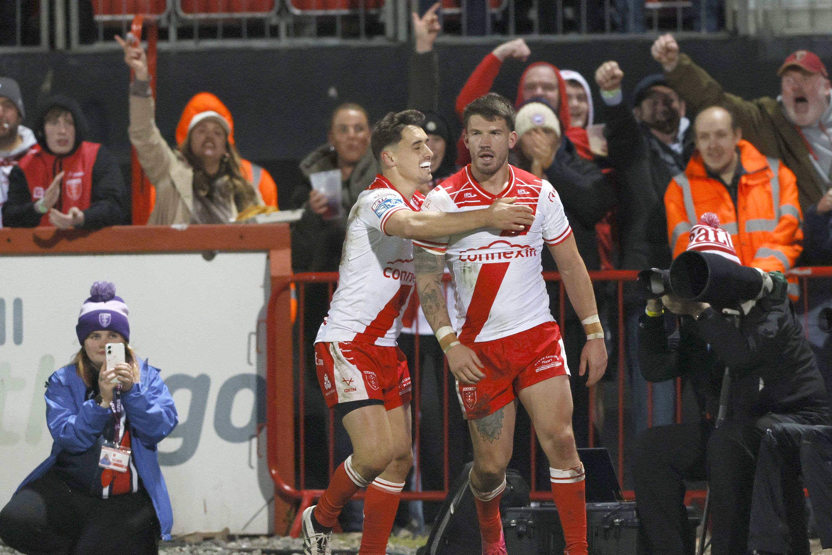 Oliver Gildart (right) celebrates scoring Hull KR’s third try (Richard Sellers/PA)