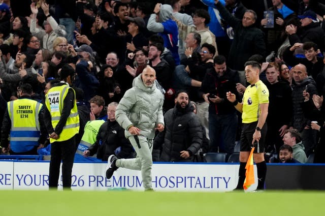 <p>Enzo Maresca’s celebratory sprint earned him a second yellow card</p>
