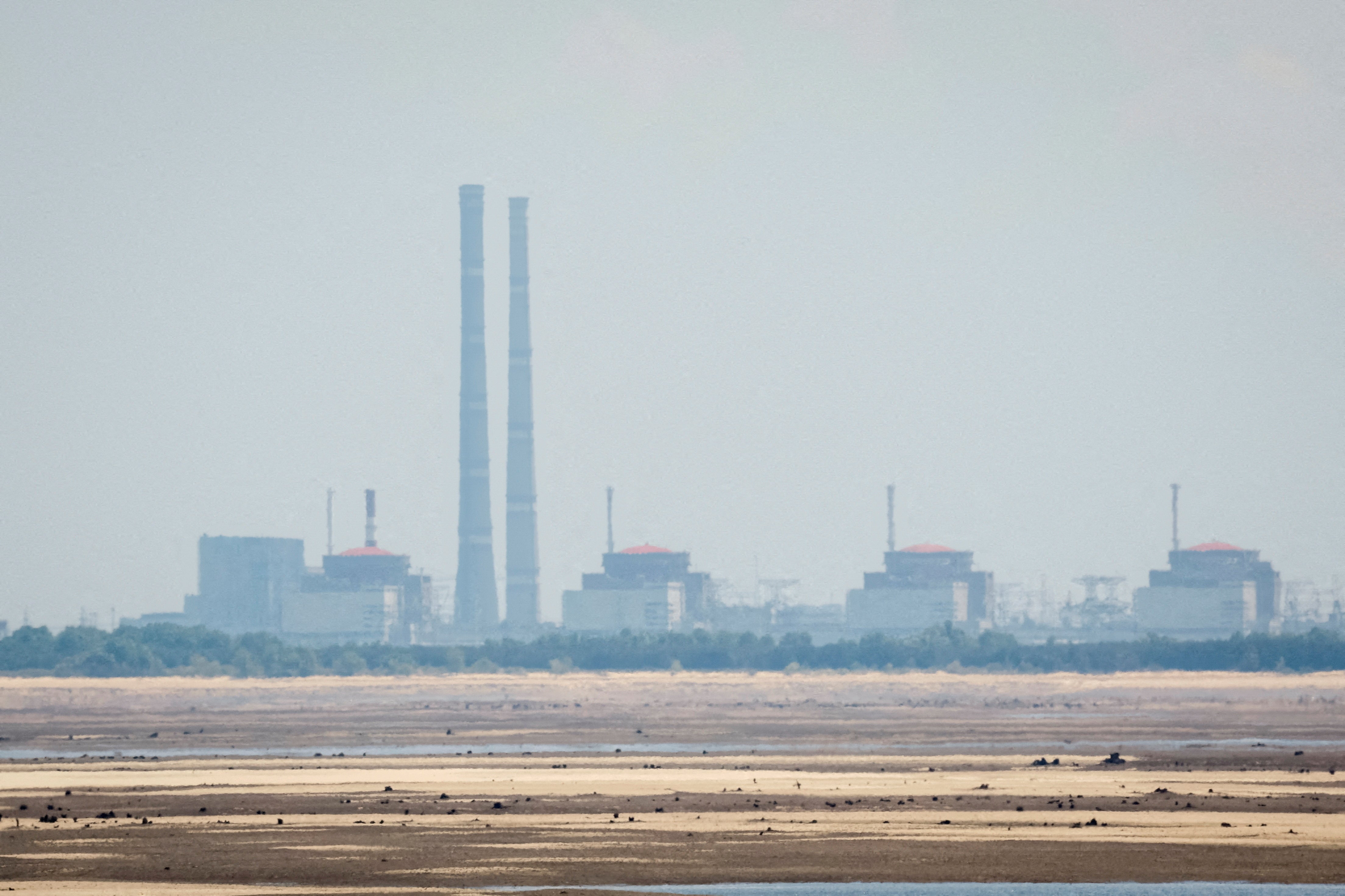 View shows Zaporizhzhia Nuclear Power Plant from the bank of Kakhovka Reservoir