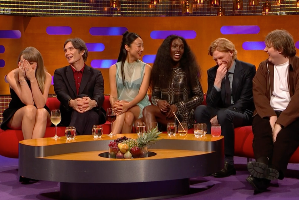 L-R: Taylor Swift, Cillian Murphy, Greta Lee, Jodie Turner-Smith, Domhnall Gleeson and Lewis Capaldi on The Graham Norton Show