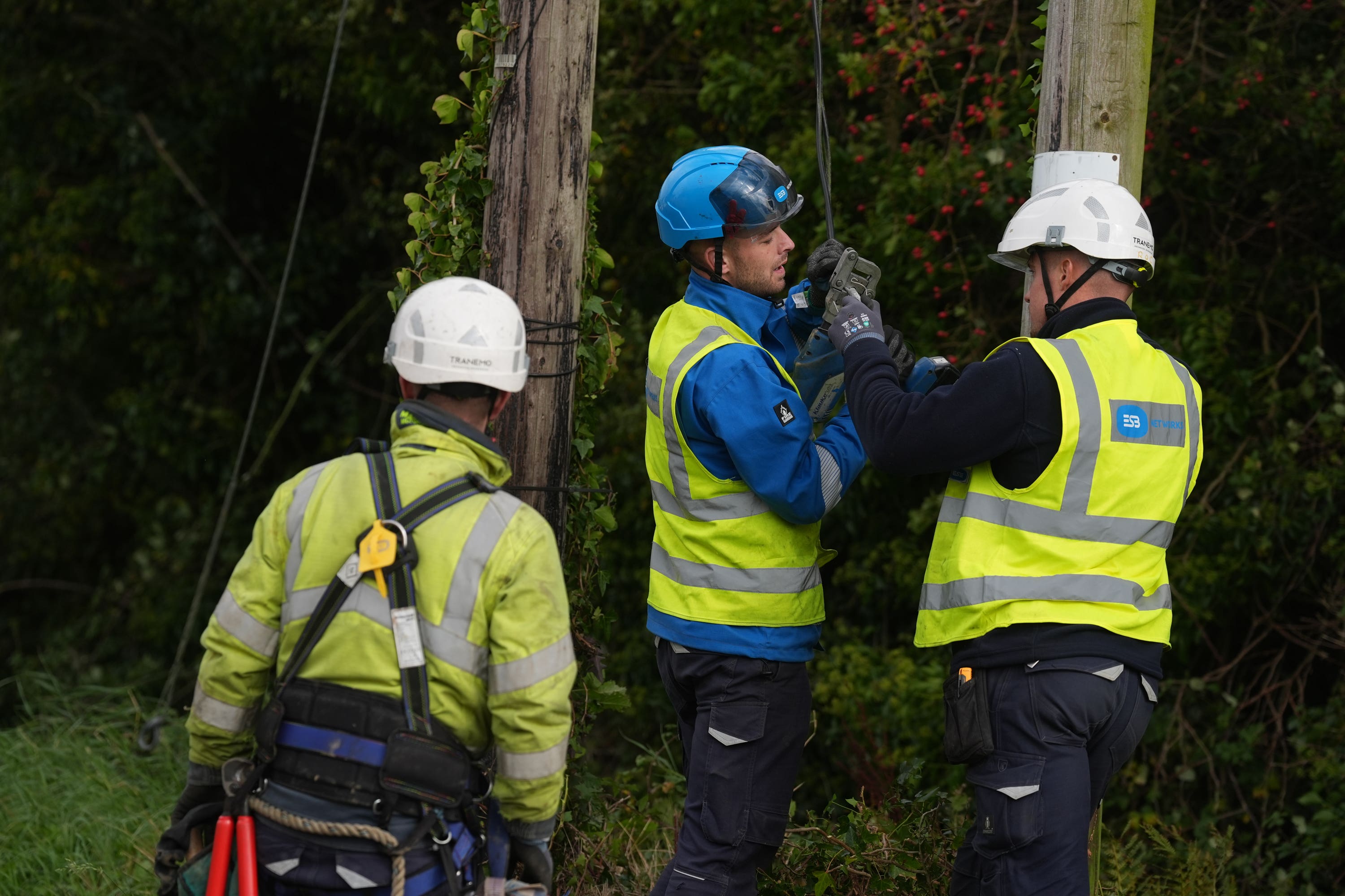 Electricity Supply Board (ESB) carry out repairs to fallen power cables in Balbriggan, Co. Dublin (Brian Lawless/PA)