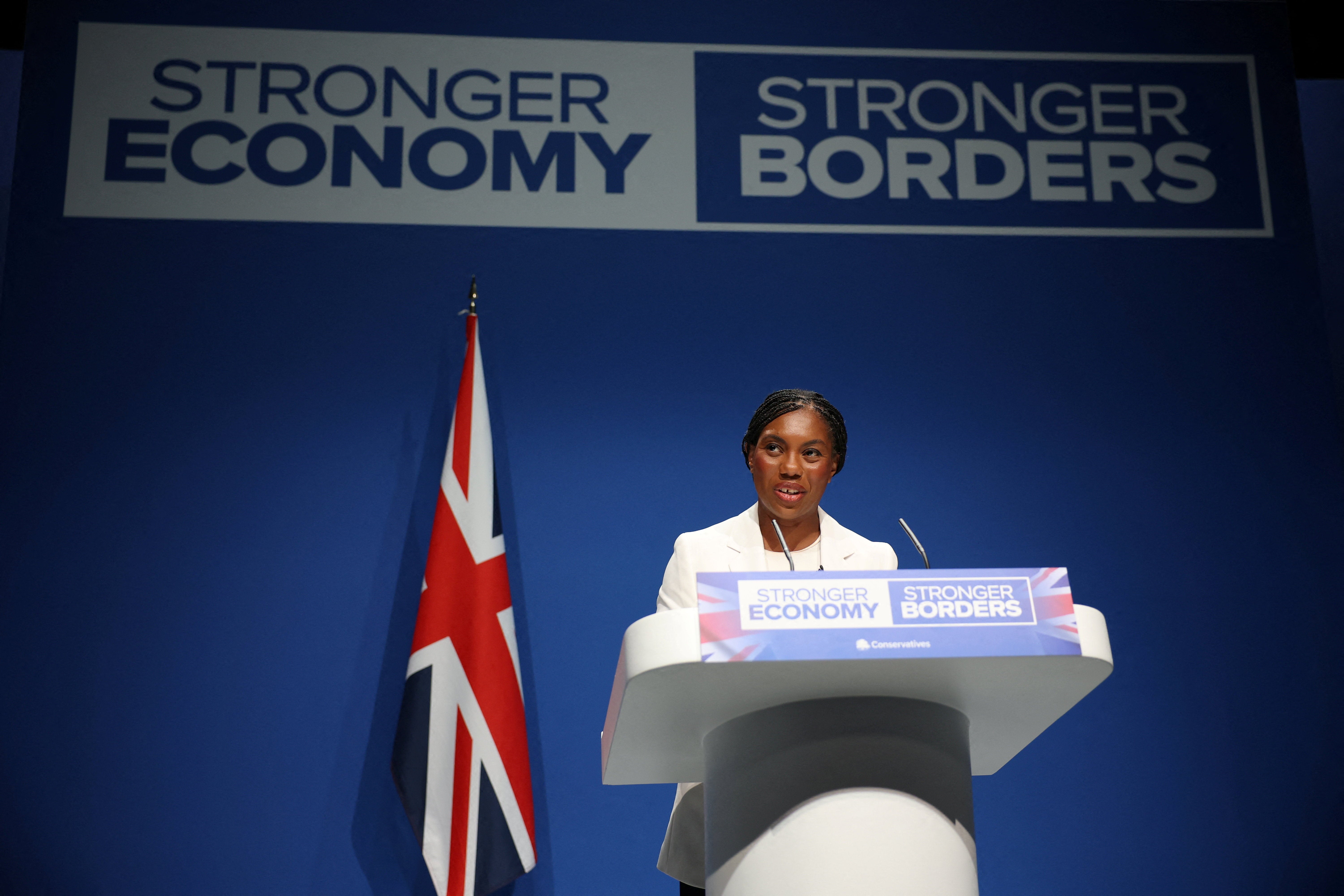 Conservative Party Leader Kemi Badenoch delivers her opening speech on the first day of the Conservative Party Conference in Manchester on Sunday