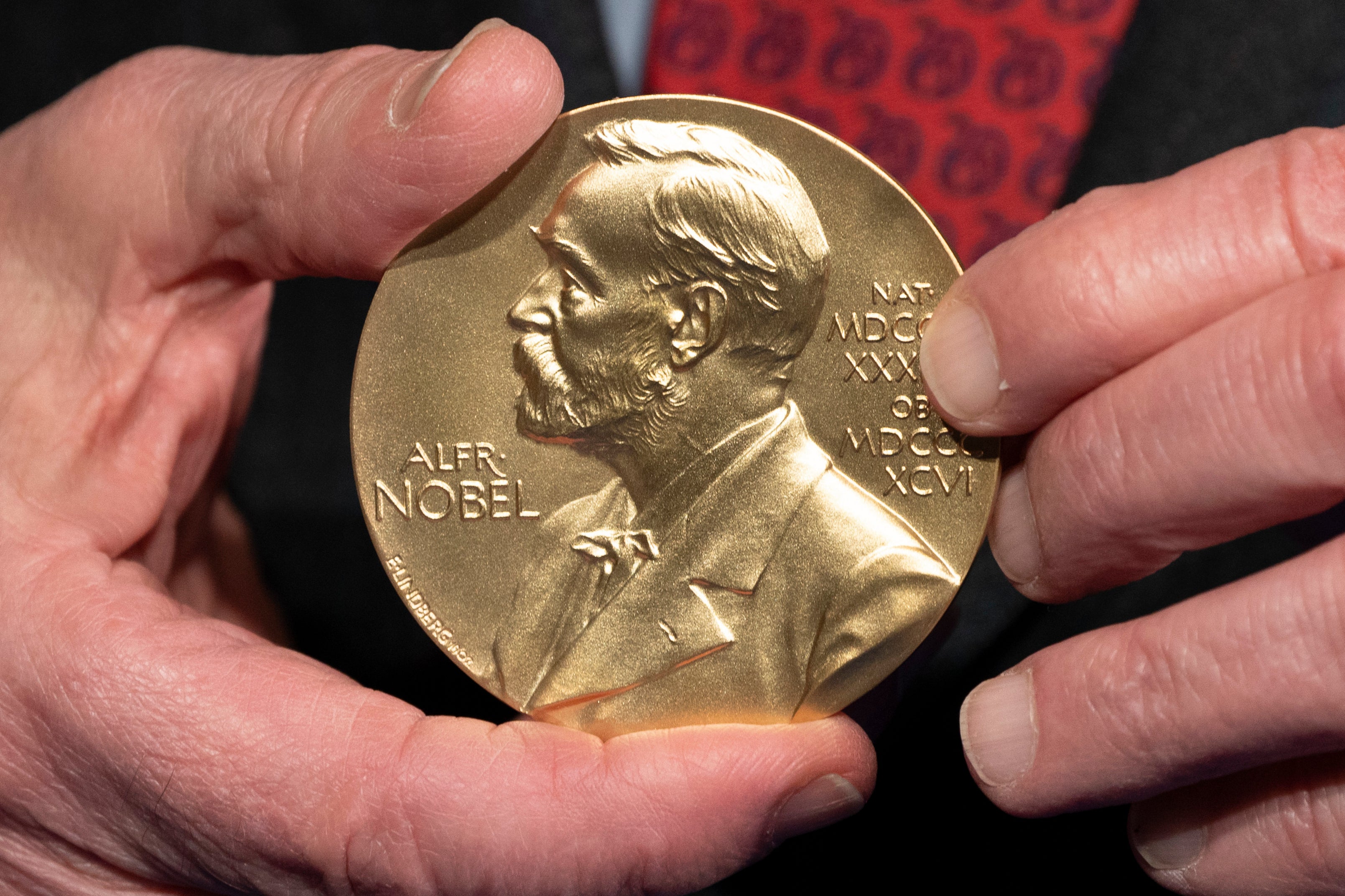 A close-up view of a Nobel Prize medal