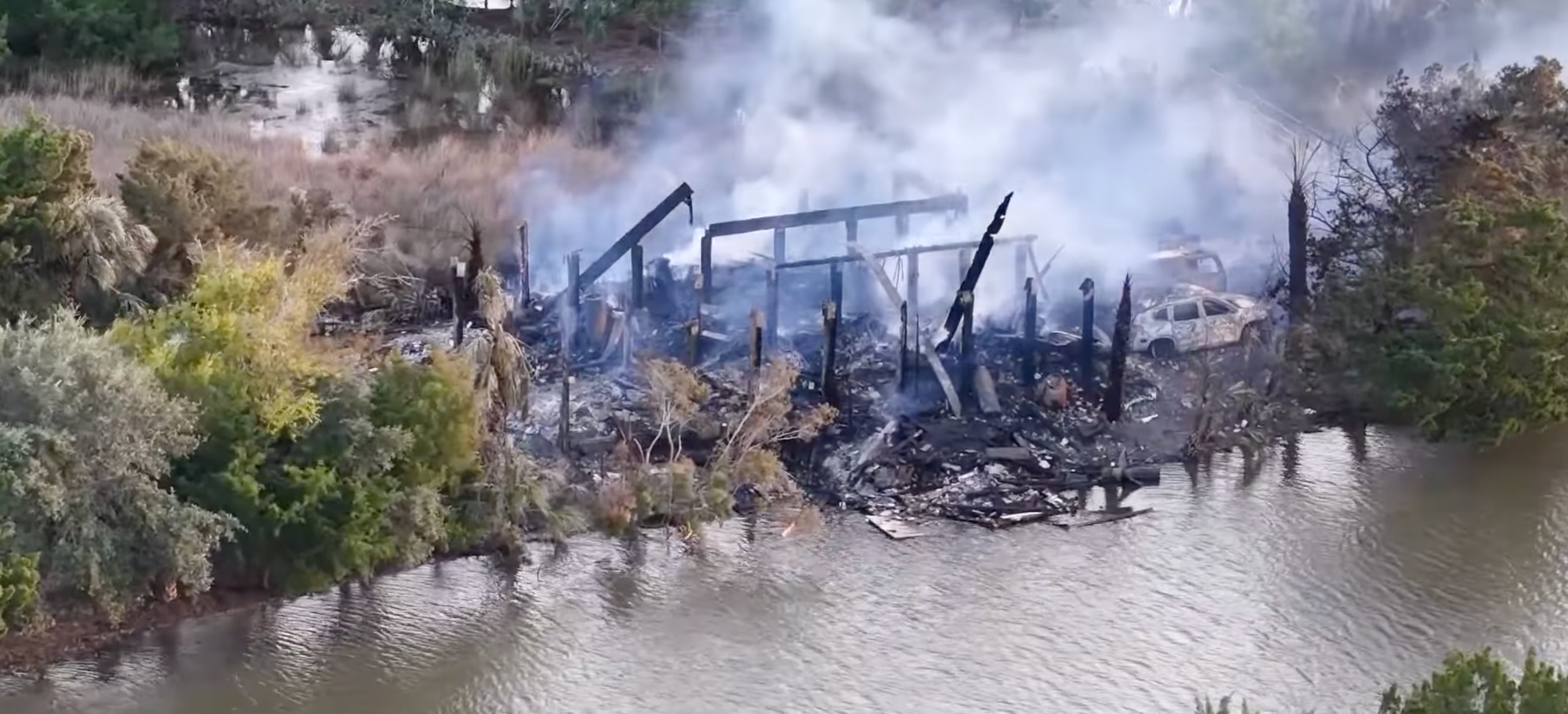 The remains of Judge Diane Goodstein’s beachfront home as seen in aerial footage broadcast on local news