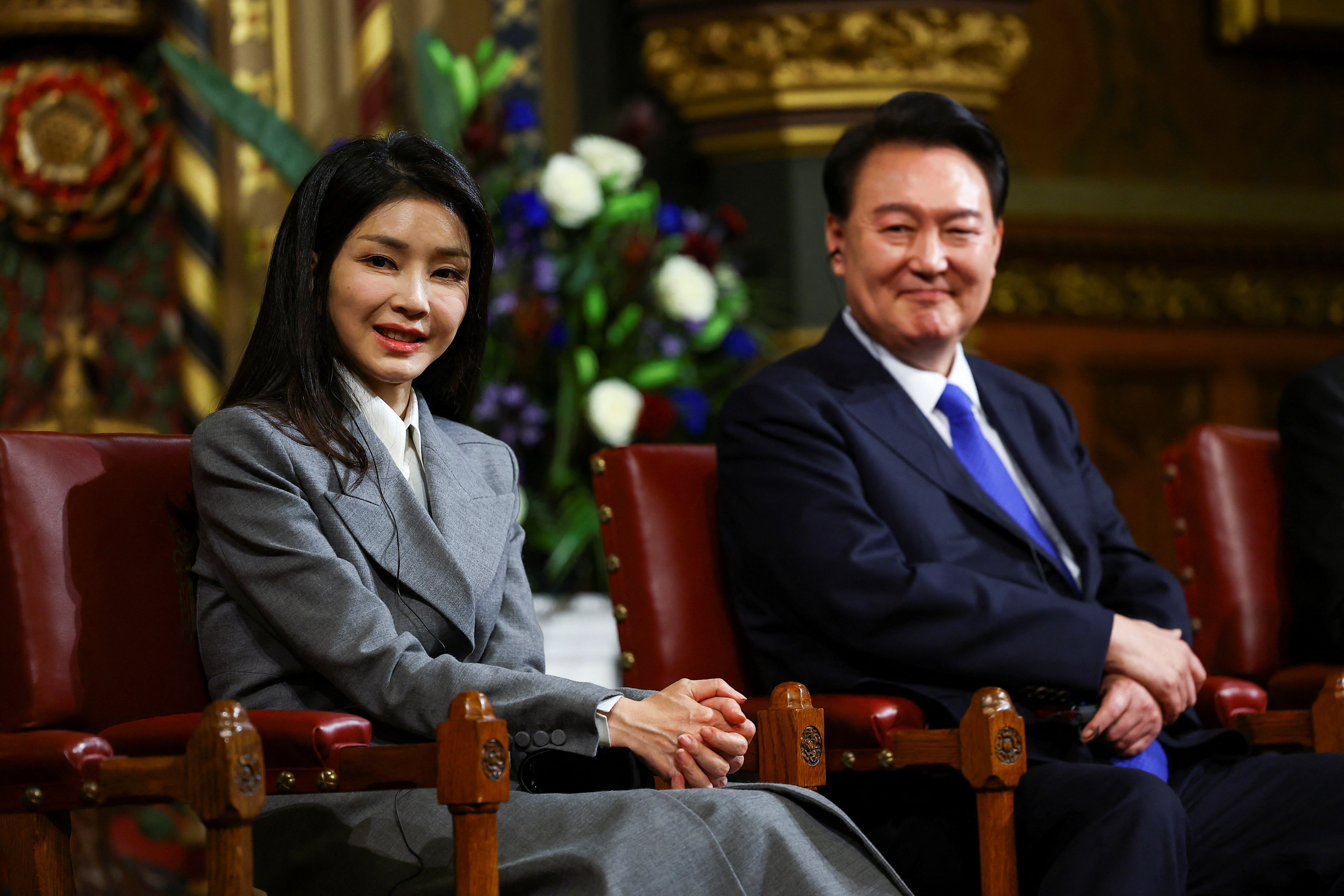 File photo. Former South Korean president Yoon Suk Yeol sits with his wife Kim Keon Hee, during a visit to the Palace of Westminster on a 2023 state visit