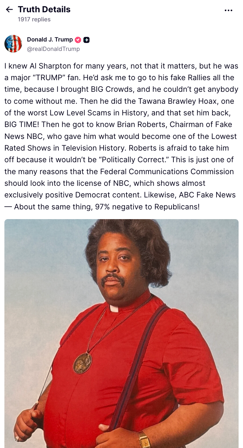 Donald Trump attacksed the Rev. Al Sharpton on Truth Social