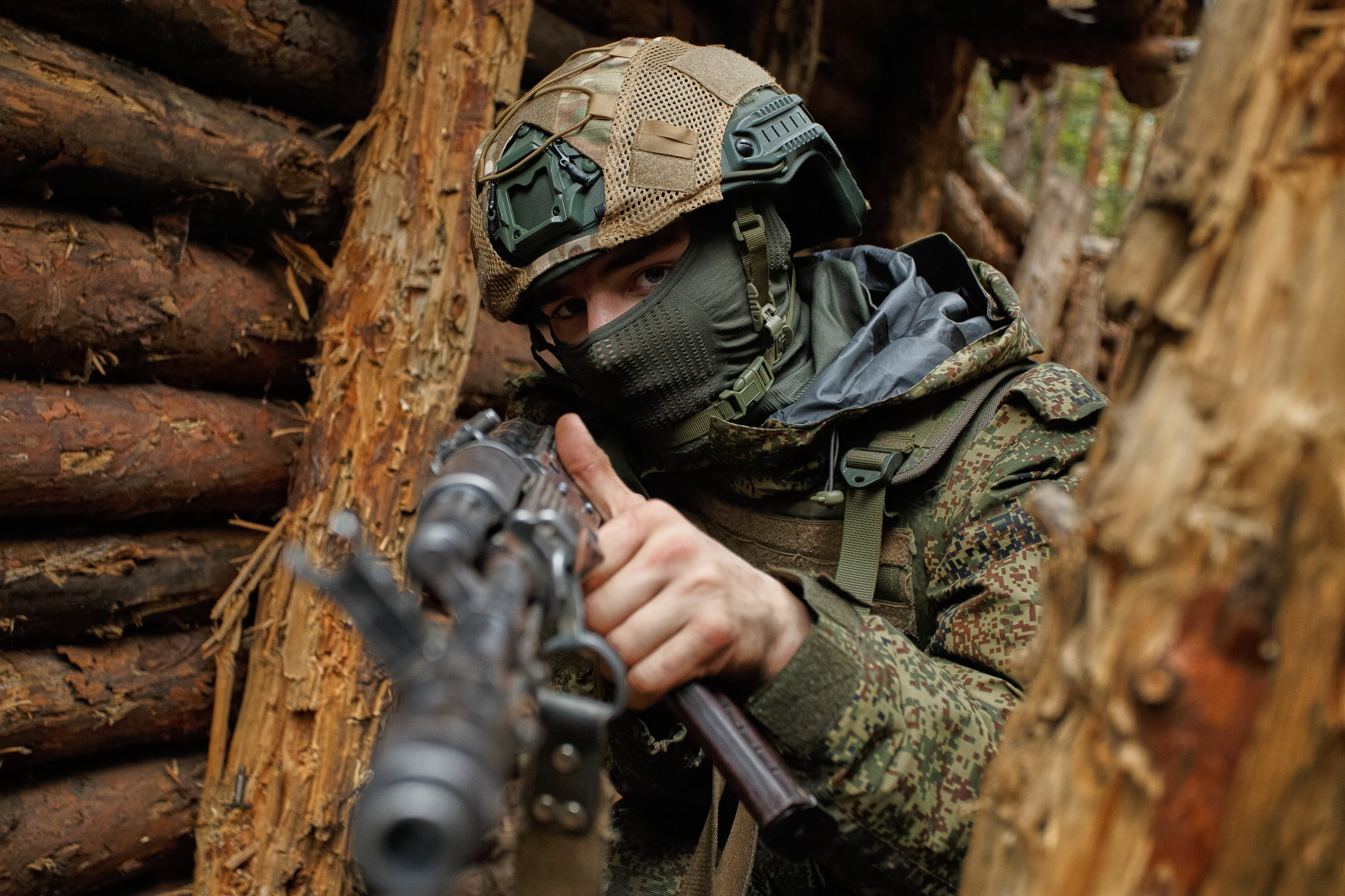 A Russian soldier attends a combat training at one of the training grounds of the Moscow Military District