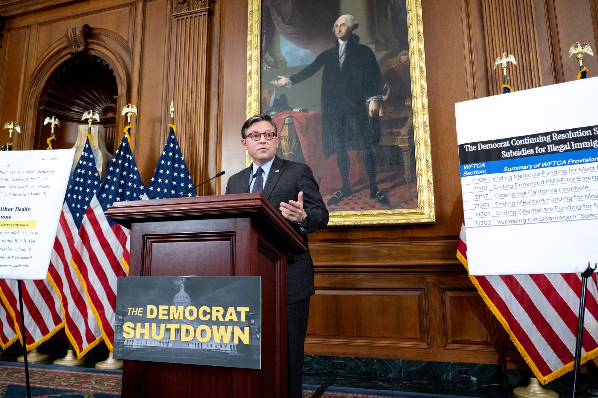 Leader Hakeem Jeffries, Democrat from New York, challenged House Mike Johnson, Republican from Louisiana, amid the government shutdown.