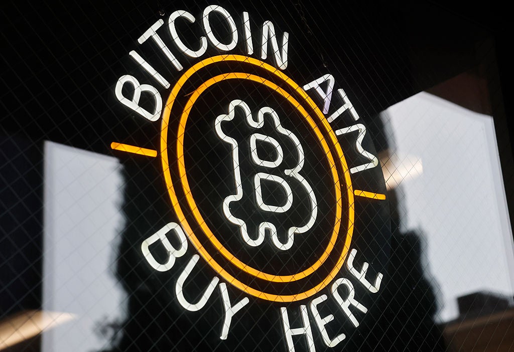 A sign advertises a Bitcoin ATM at a gas station on 16 July, 2025 near Pasadena, California