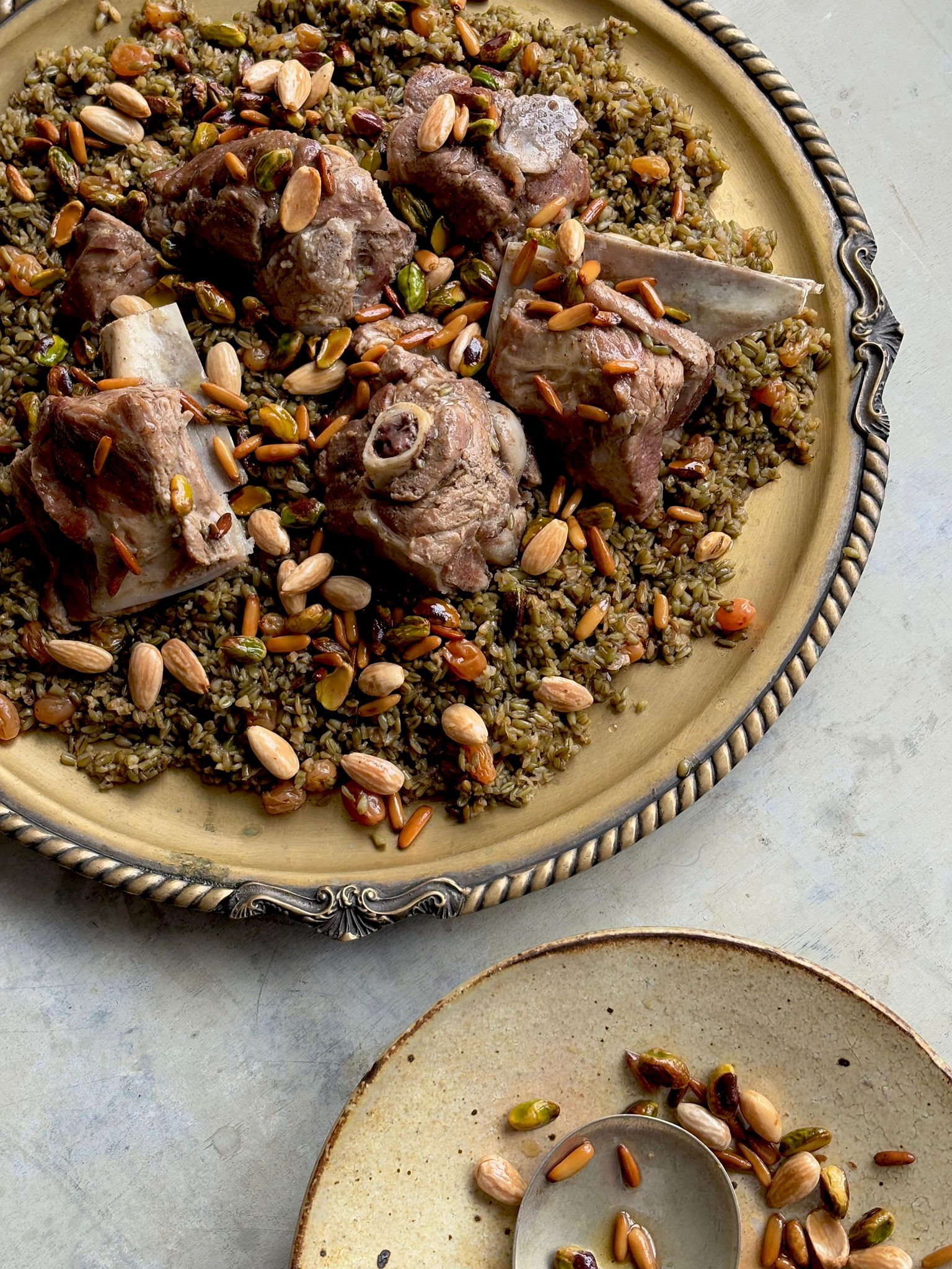 Smoky roasted green wheat with lamb and toasted nuts – a dish so ancient and aromatic it could draw a crowd with scent alone