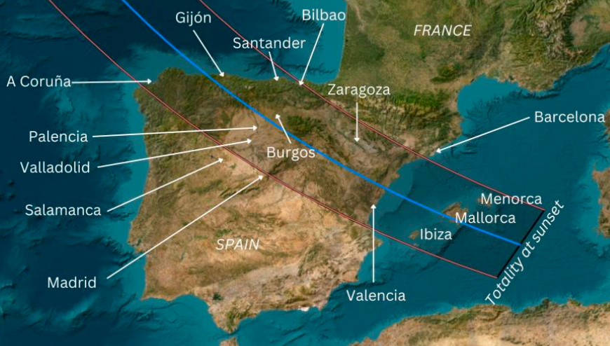 Dark day: Path of the total eclipse sweeping across Spain on 12 August 2026