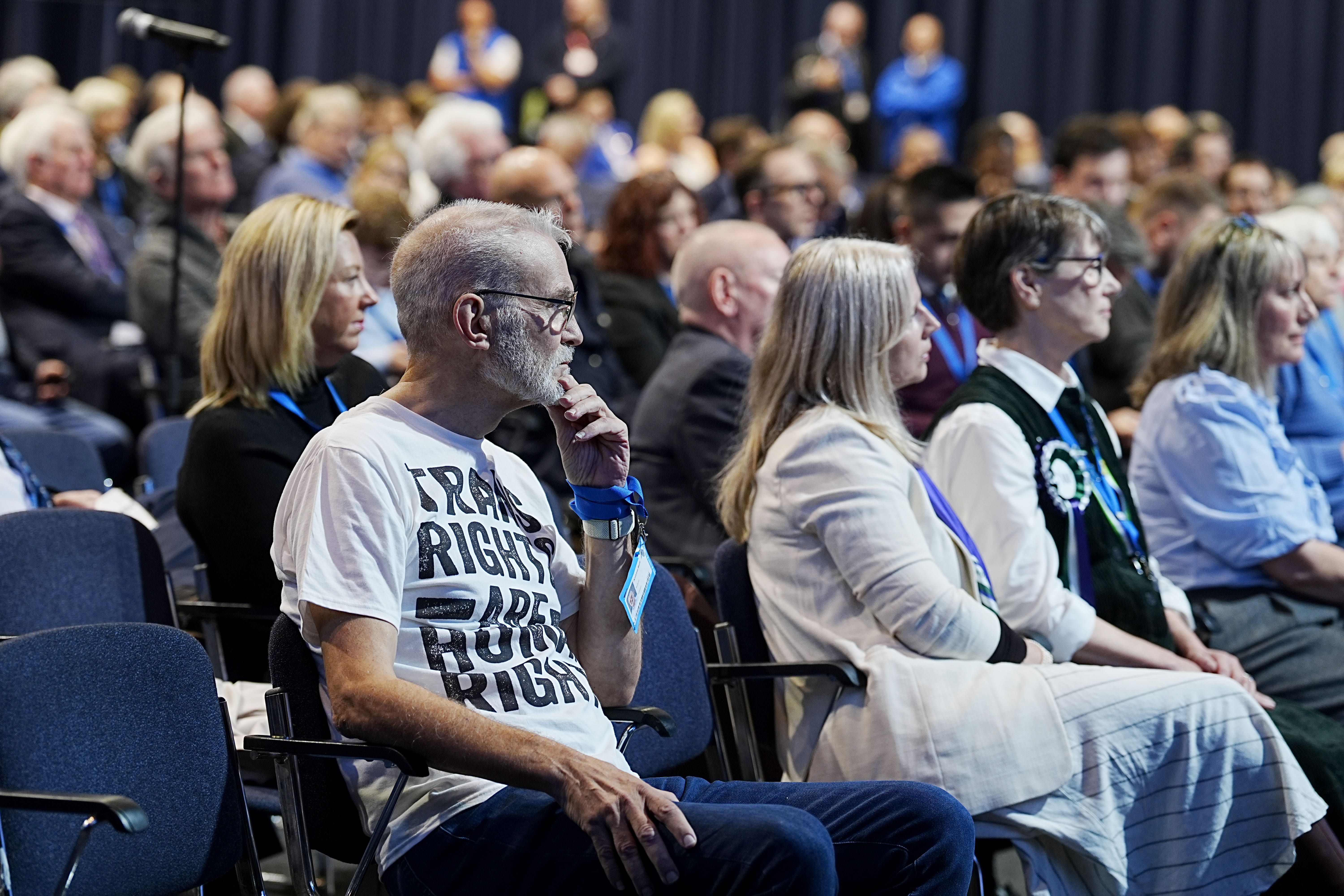 Andrew Boff wears a T-shirt that reads ‘Trans Rights Are Human Rights’, after he heckled a session at the Conservative Party conference on gender identity