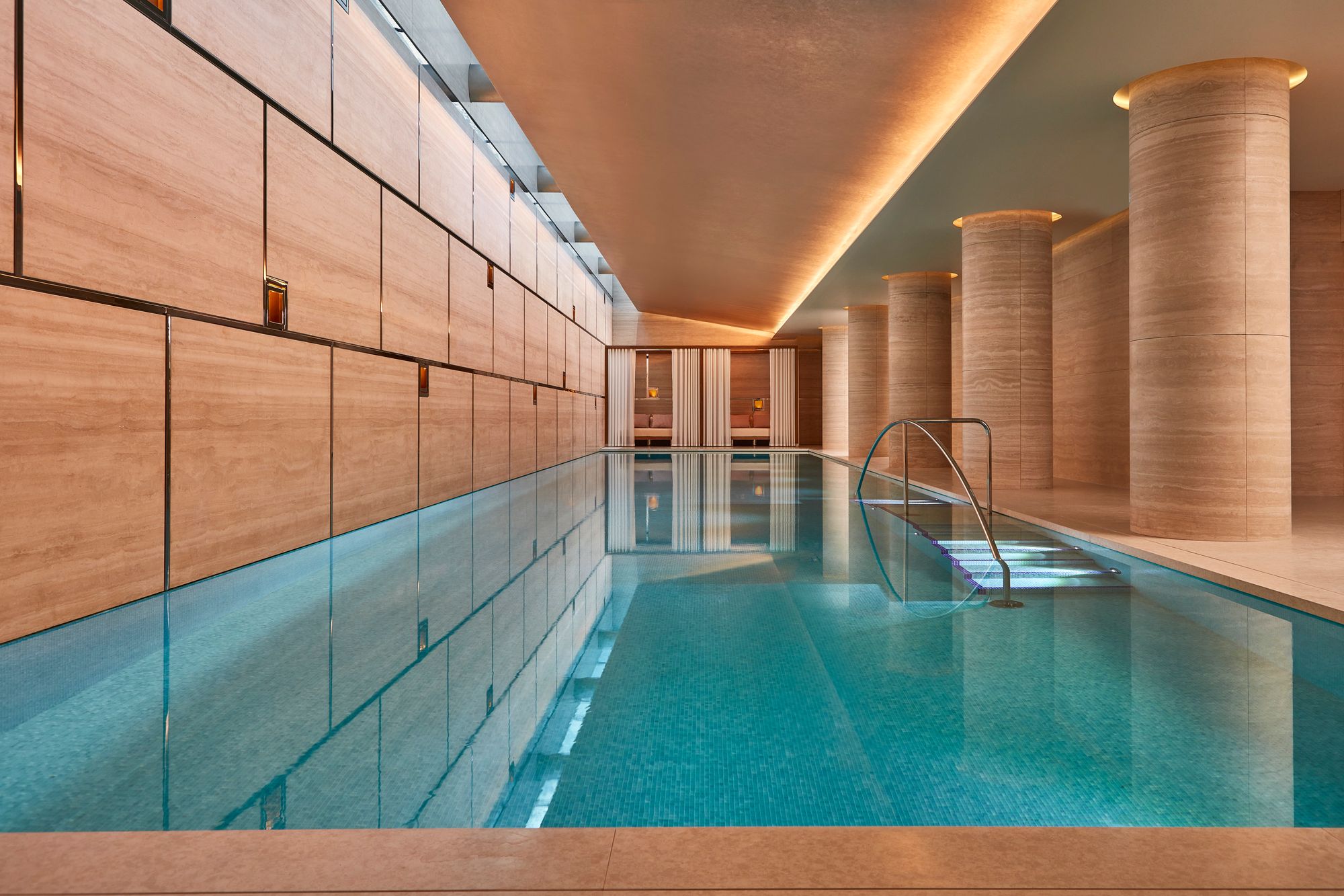 A gold leaf ceiling encloses Surrenne’s 22-metre indoor pool