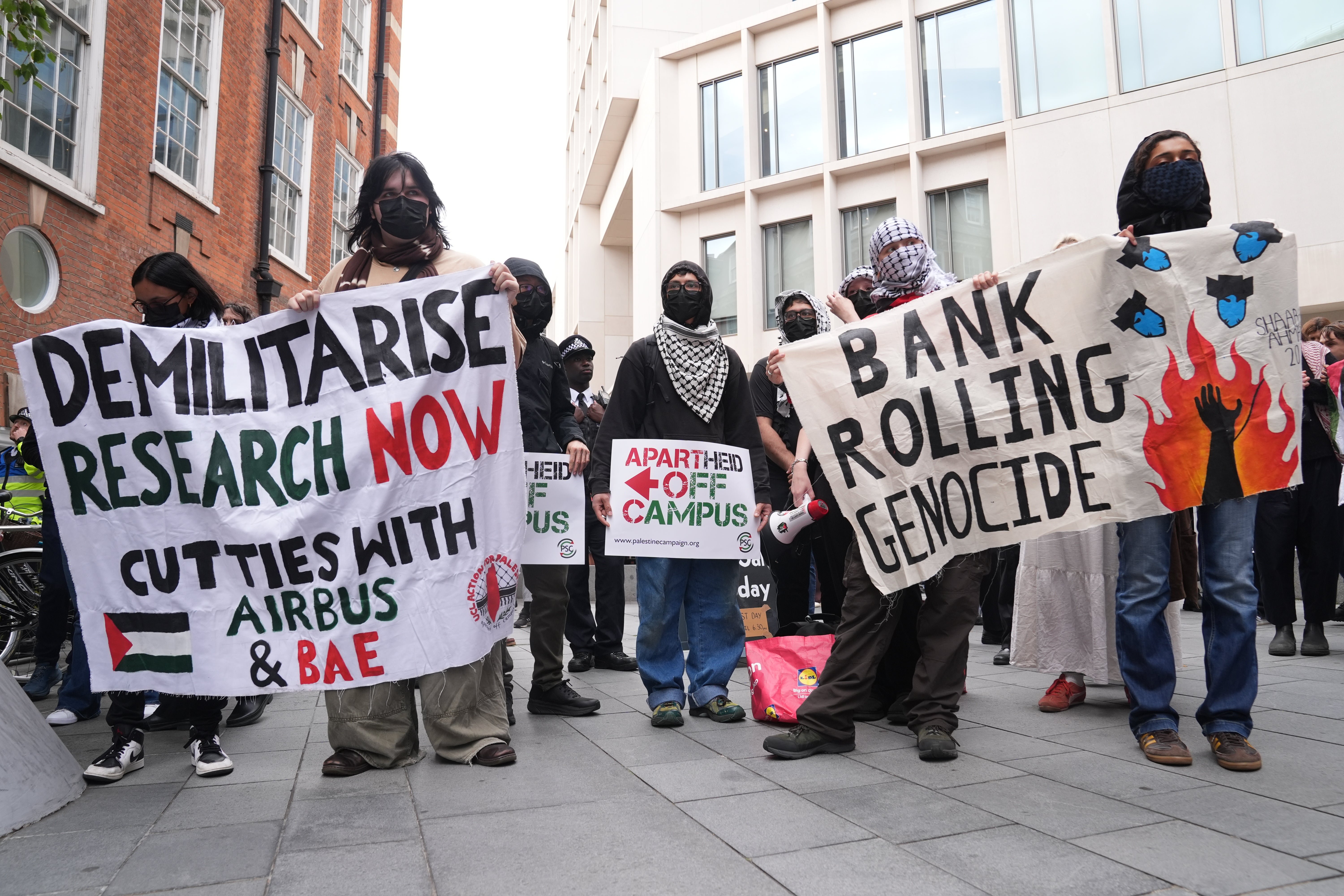 Protesters gather outside King's College London on October 7, two years after the Hamas-led incursion into Israel