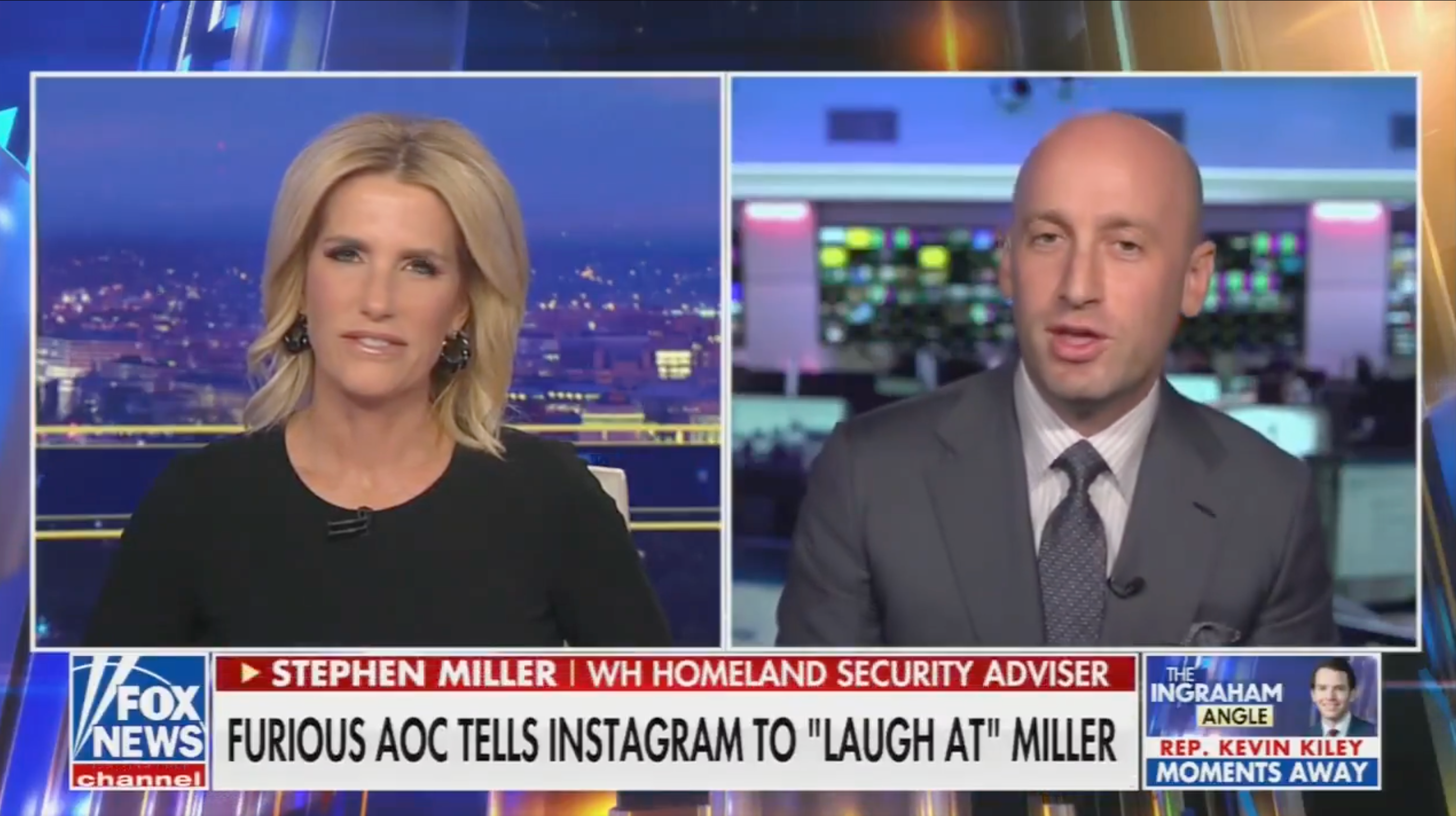 Laura Ingraham questions Stephen Miller about Alexandria Ocasio-Cortez's mockery of him on Fox's The Ingraham Angle