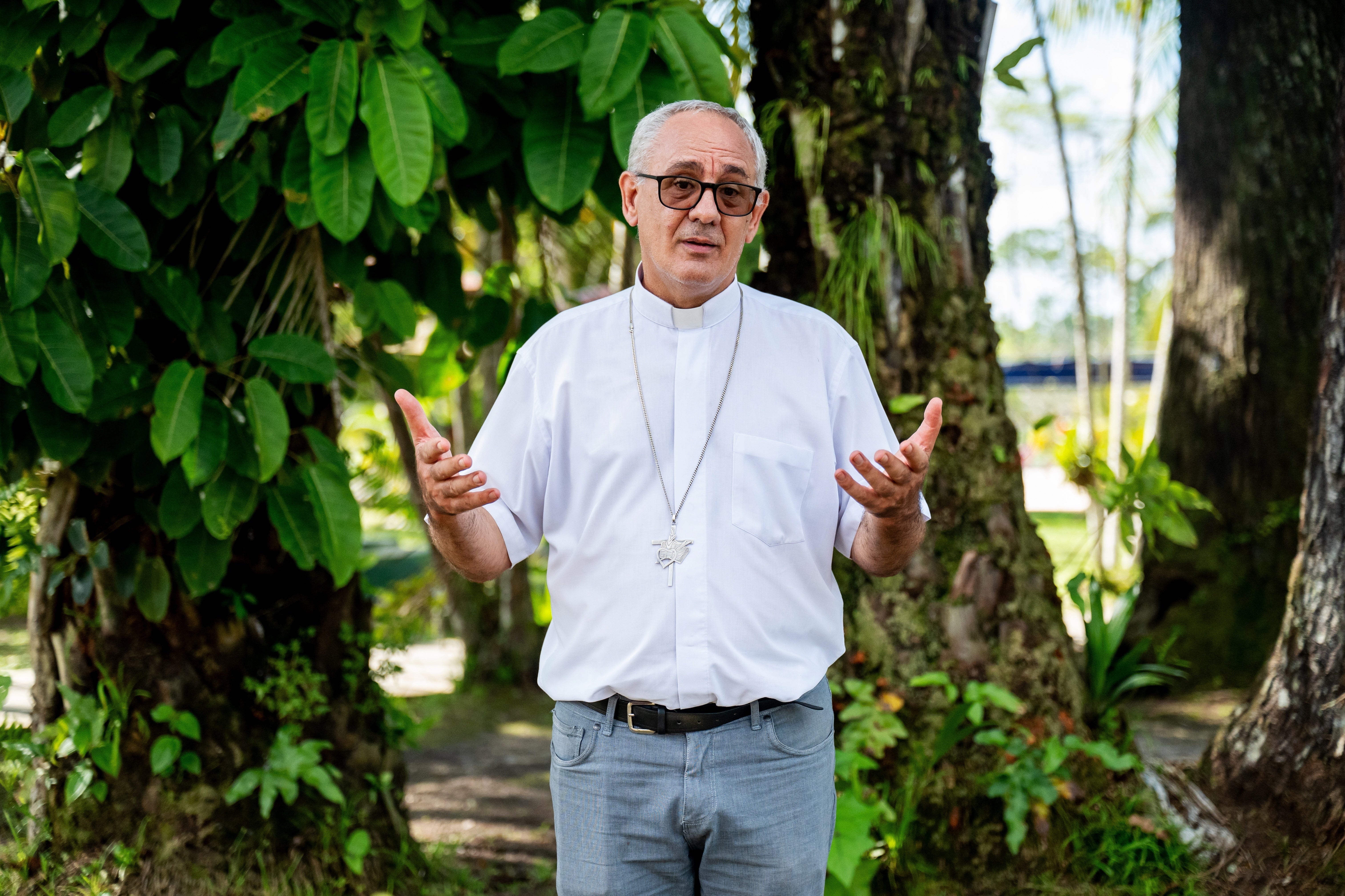 Bishop Miguel Ángel Cadenas speaks while attending an Amazon Water Summit in Iquitos, Peru