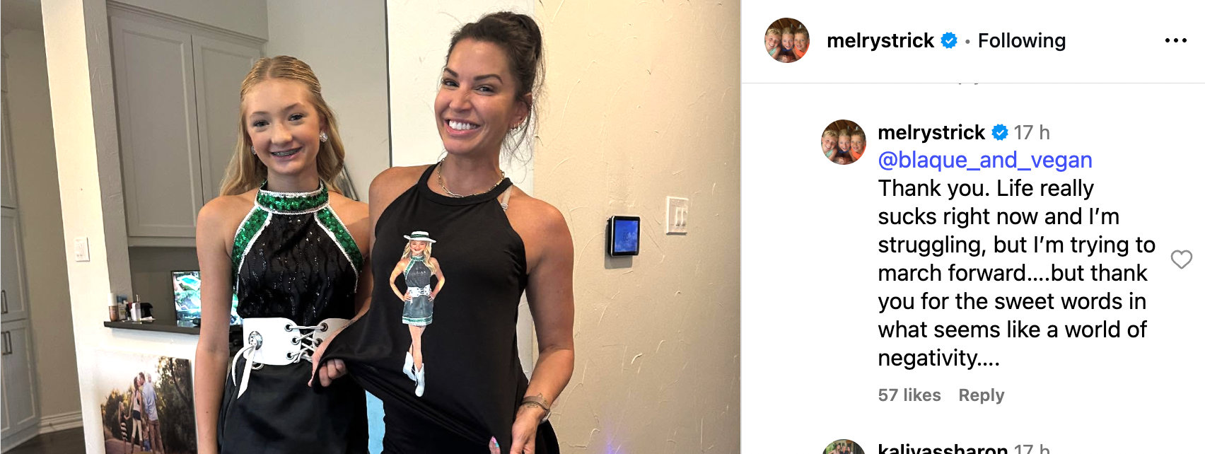 Melissa Rycroft responded to an Instagram comment, addressing the personal difficulties she's faced since her DWI arrest