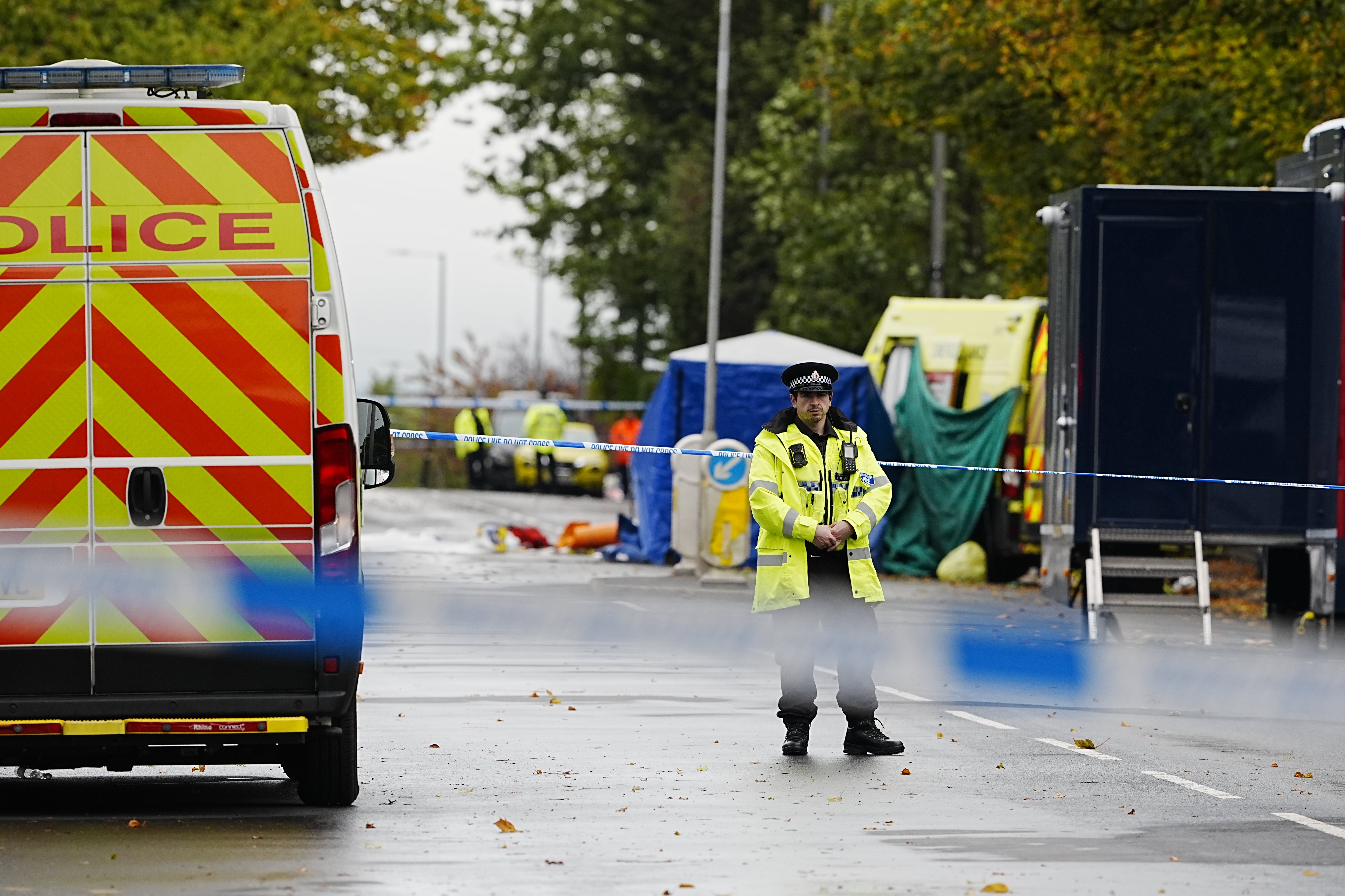 The scene near Heaton Park Hebrew Congregation synagogue in Crumpsall, Manchester, where two people died in the terror attack