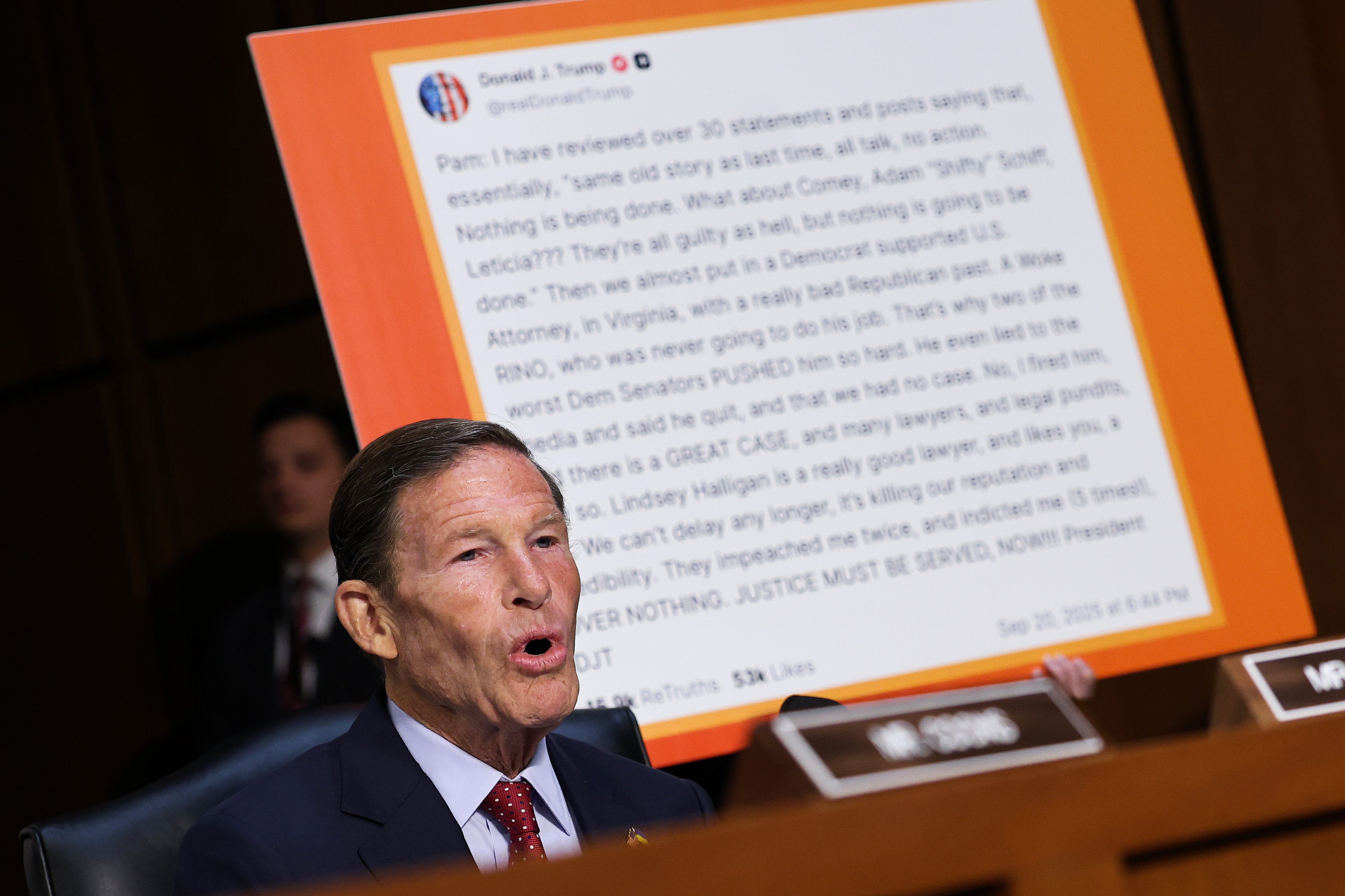 Senator Richard Blumenthal and other Democrats on the Senate Judiciary Committee pressed Bondi on whether Trump directed her to prosecute his enemies, including James Comey, who was indicted days after the president’s Truth Social post called on Bondi to do so