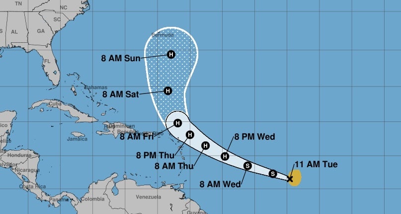 A map of the projected path of Tropical Storm Jerry. Many options for its path remain possible this early, the National Hurricane Center reported