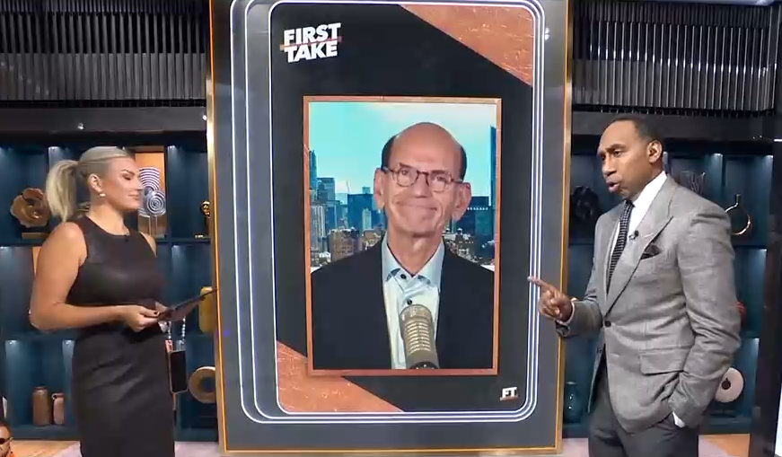 Stephen A. Smith seems to allude to the supposed benching of Paul Finebaum: “First of all, it's good to see you. I missed you last week, buddy.”