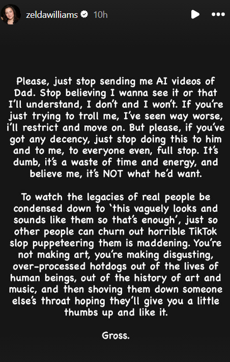 Zelda Williams calls out people who make and send her AI videos of her late father Robin Williams