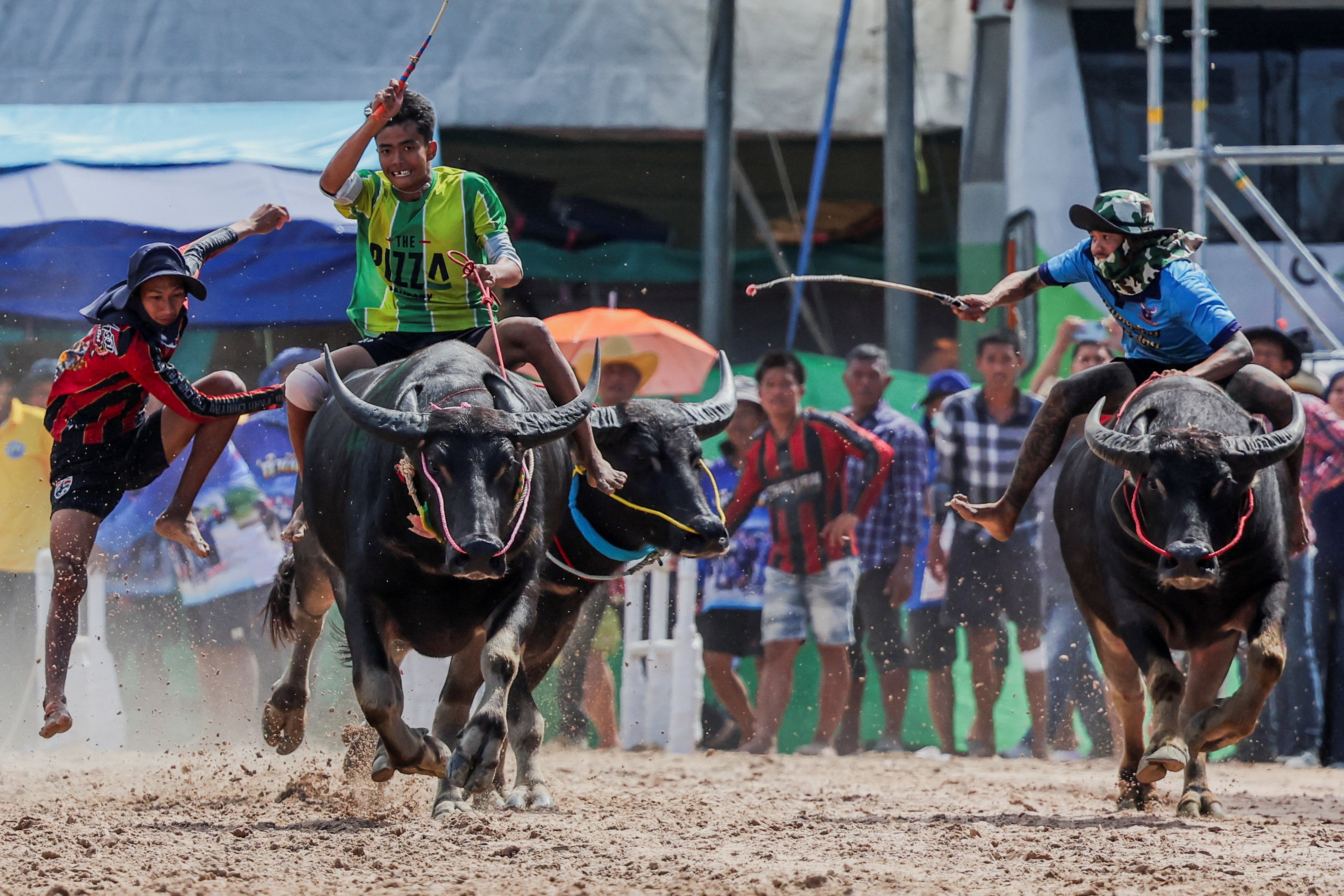 Jockeys compete in Chonburi’s 154th annual buffalo race festival in Chonburi province, Thailand, 6 October 2025