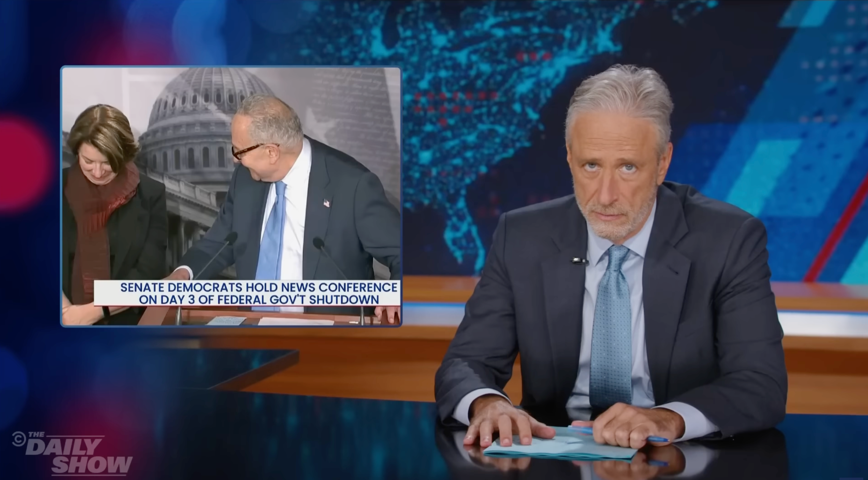 Jon Stewart rolls his eyes at Chuck Schumer on The Daily Show