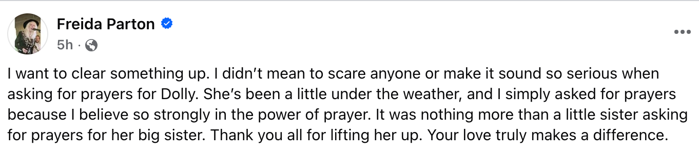 Freida Parton, Dolly’s sister, clarifies singer’s health status after causing concern