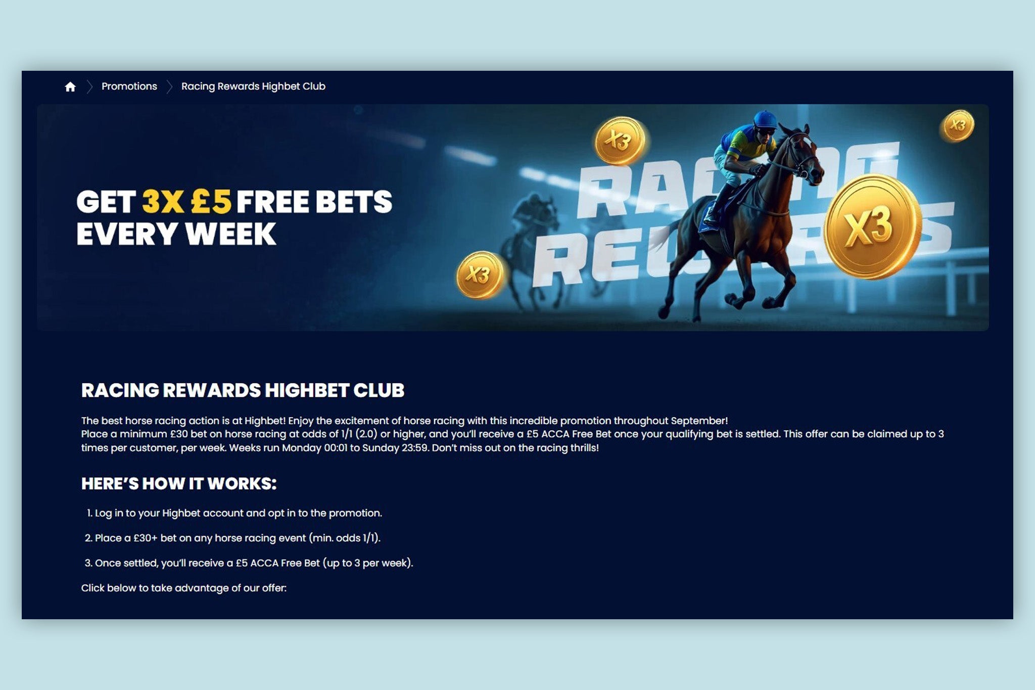 HighBet hand out up to £15 in free bets each week via their Racing Rewards Club