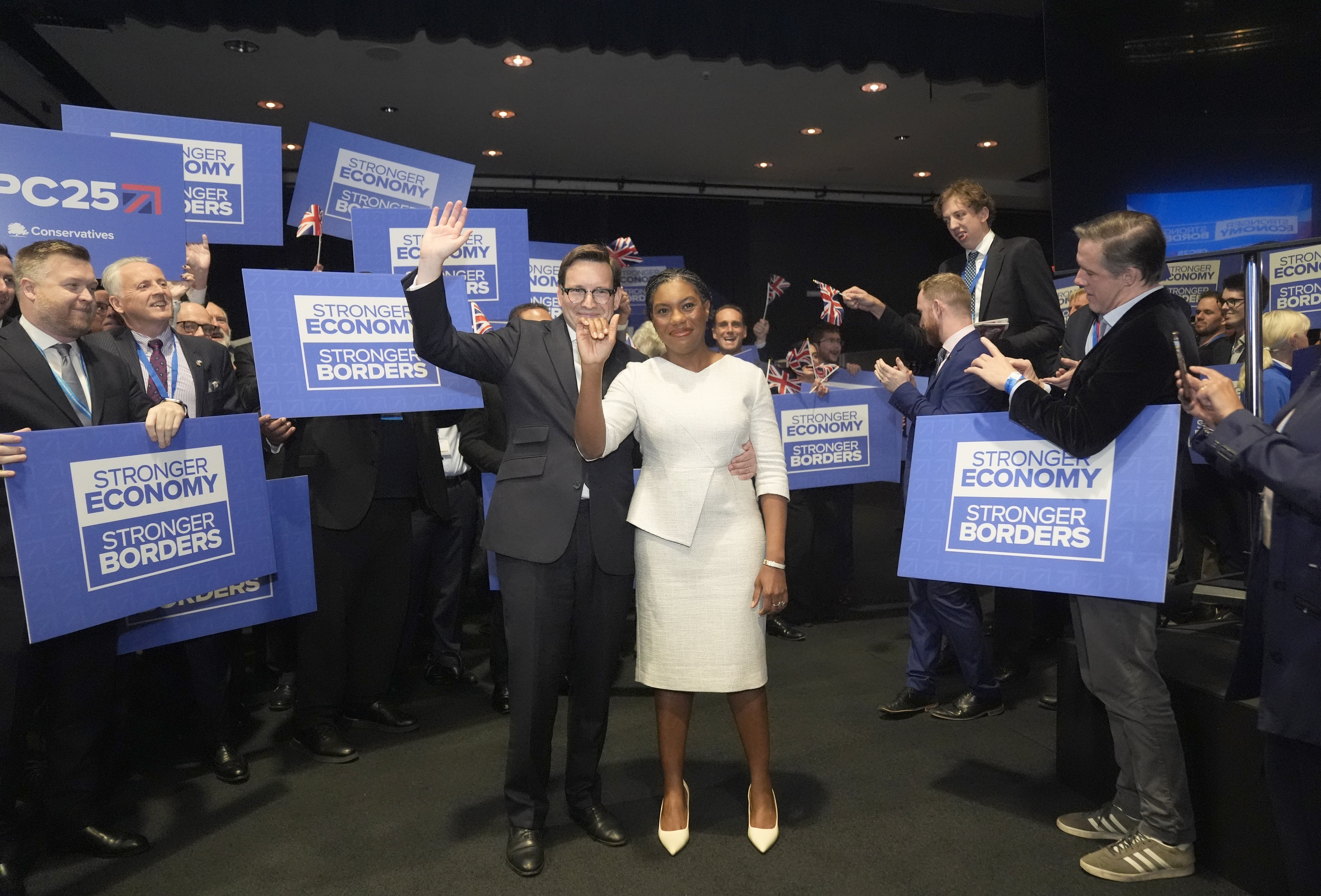 Kemi Badenoch with her husband, Hamish Badenoch, after making her keynote speech (Danny Lawson/PA)