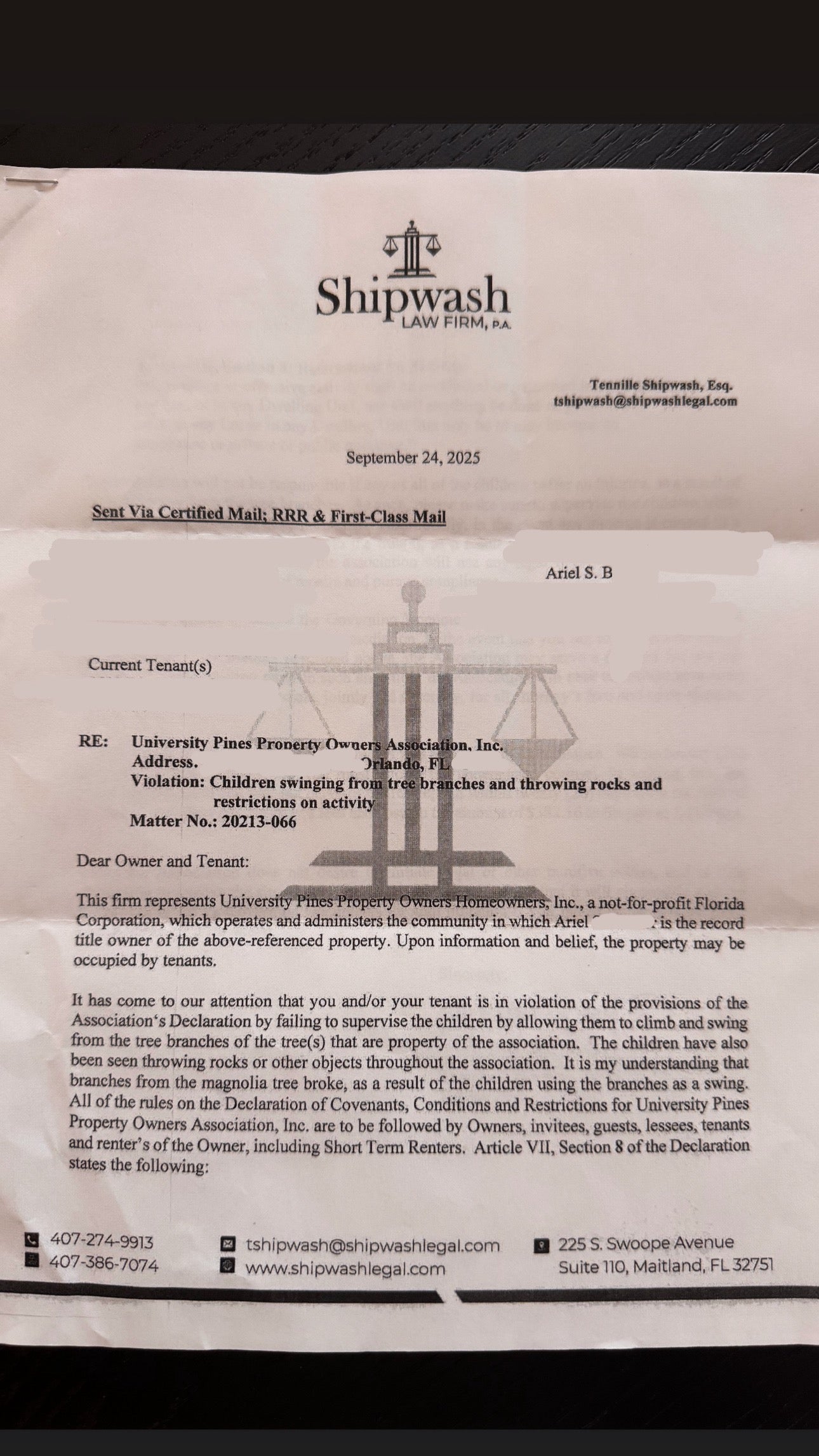 Barner says she received a two-page letter from Shipwash Law Firm claiming children had damaged the magnolia tree near the bus stop